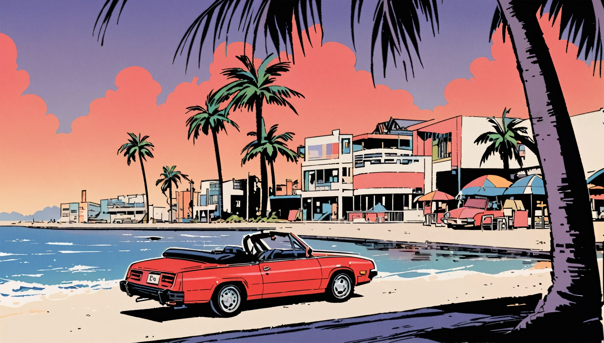 One red convertible is parked. No one is there. The background is a beach with palm trees. sky is clear. 80s japan city pop Memphis illustration
