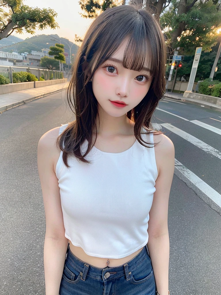 highest quality, shape, Very detailed, finely, High resolution, 8k wallpaper, Perfect dynamic shape, Beautiful and exquisite, Summer clothes,Medium Hair,Natural color lip,smile,20-year-old girl、Midnight、Beautiful and elaborate face、Perfect and beautiful face、Slim face and figure,Big eyes,Small face、Beautifully detailed face、Perfect and beautiful double eyelids、J-cup big breasts、valley、Thin legs、One Woman、gravure、Observe the audience、stroll、Ocean、Looking into the distance、Full-body portrait facing forward、sunset、Skinny jeans、From head to toe、White tank top