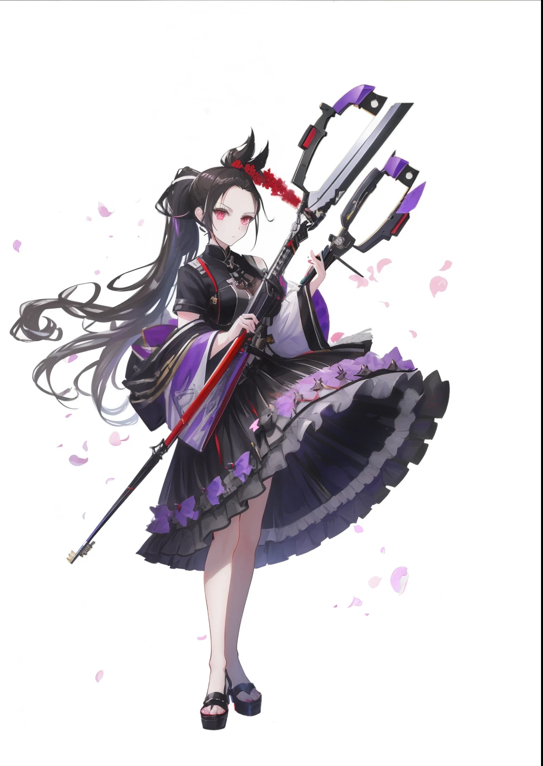 (ponytail forehead hair pulled back:1.3), (black hair:1.3), anime character dressed in black and purple holding a pair of scissors, shalltear bloodfallen, cushart krenz key art feminine, detailed key anime art, shalltear from overlord, from the azur lane videogame, fine details. girls frontline, from girls frontline, characters from azur lane, official character art, azur lane style, key anime art