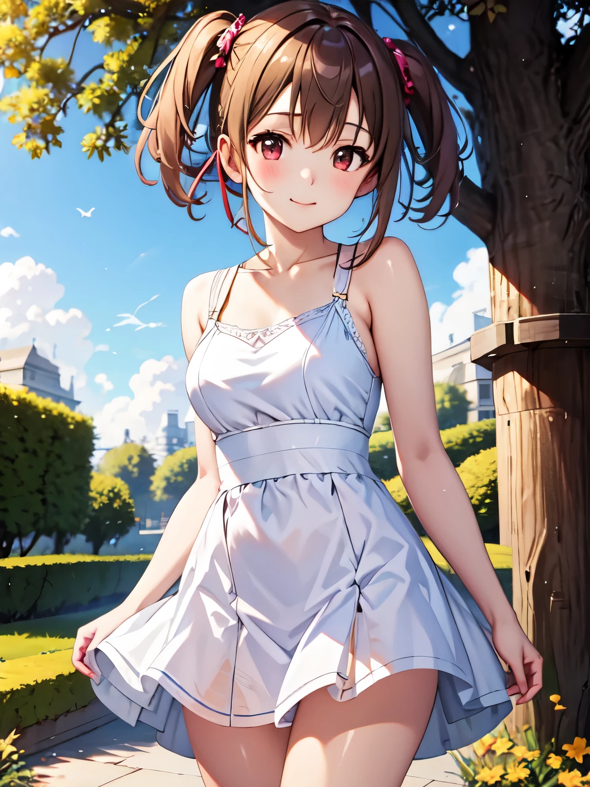 High resolution, highest quality, super high quality,3D Images,garden、masterpiece, highest quality、 One Girl、silica、Closed Mouth、Absolute reference to the center、White Party Dresses,Absolute reference to center、Beautiful thighs、Highly detailed face, Highly detailed CG、 Cowboy Shot