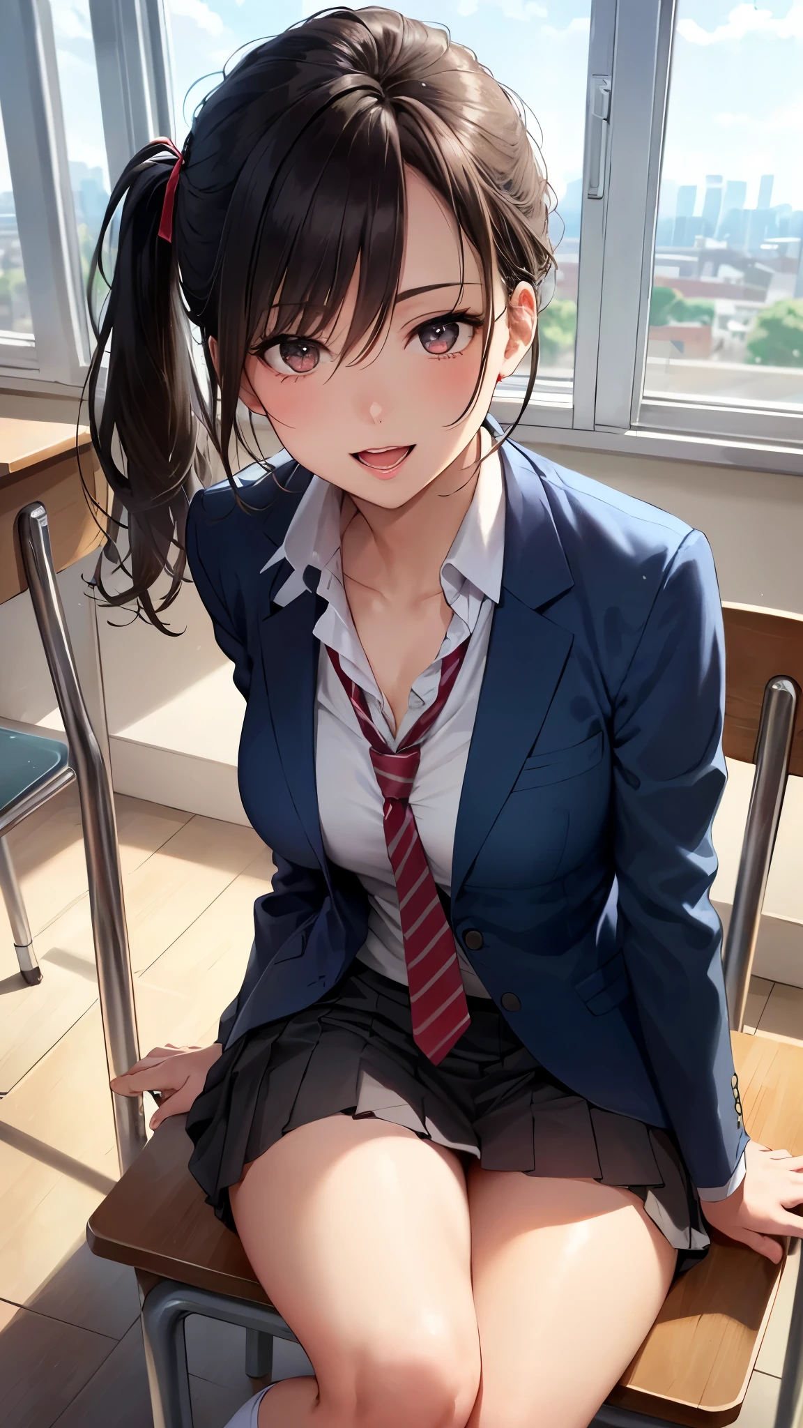 (masterpiece:1.3, top-quality, ultra high res, ultra detailed), (realistic, photorealistic:1.4), beautiful illustration, perfect lighting, natural lighting, colorful, depth of fields, ,
beautiful detailed hair, beautiful detailed face, beautiful detailed eyes, beautiful clavicle, beautiful body, beautiful chest, beautiful thigh, beautiful legs, beautiful fingers, shiny skin,
looking at viewer, 1 girl, high school girl, (perfect anatomy, anatomically correct, super detailed skin), cute and symmetrical face, face, perfect face, perfect eyes,
(long hair, straight hair, black hair), forehead, braided bangs, hairpin, purple eyes, long eyelashes, (medium breasts, seductive thighs), curvy,
(detailed cloth texture), (dark blue blazer, black pleated miniskirt, socks, private school uniform:1.2, dark red necktie), white panties,
(beautiful scenery), afternoon, (school classroom:1.2), cityscape of windows, (sitting on desk), (lovely smile, open mouth small),