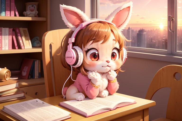 Cute bunny chibi girl furry kawaii Original very tender Writing with headphones next to a window and a shelf with books at a table sitting on a chair in a room relaxing in a pink sunset