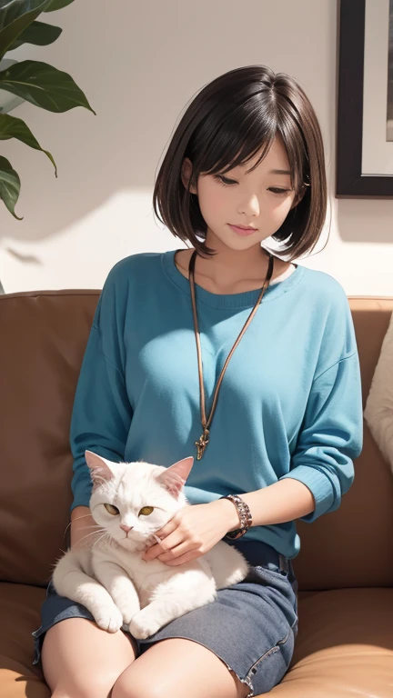 A woman with a cat on her lap, Age 25, Watching a sleeping cat