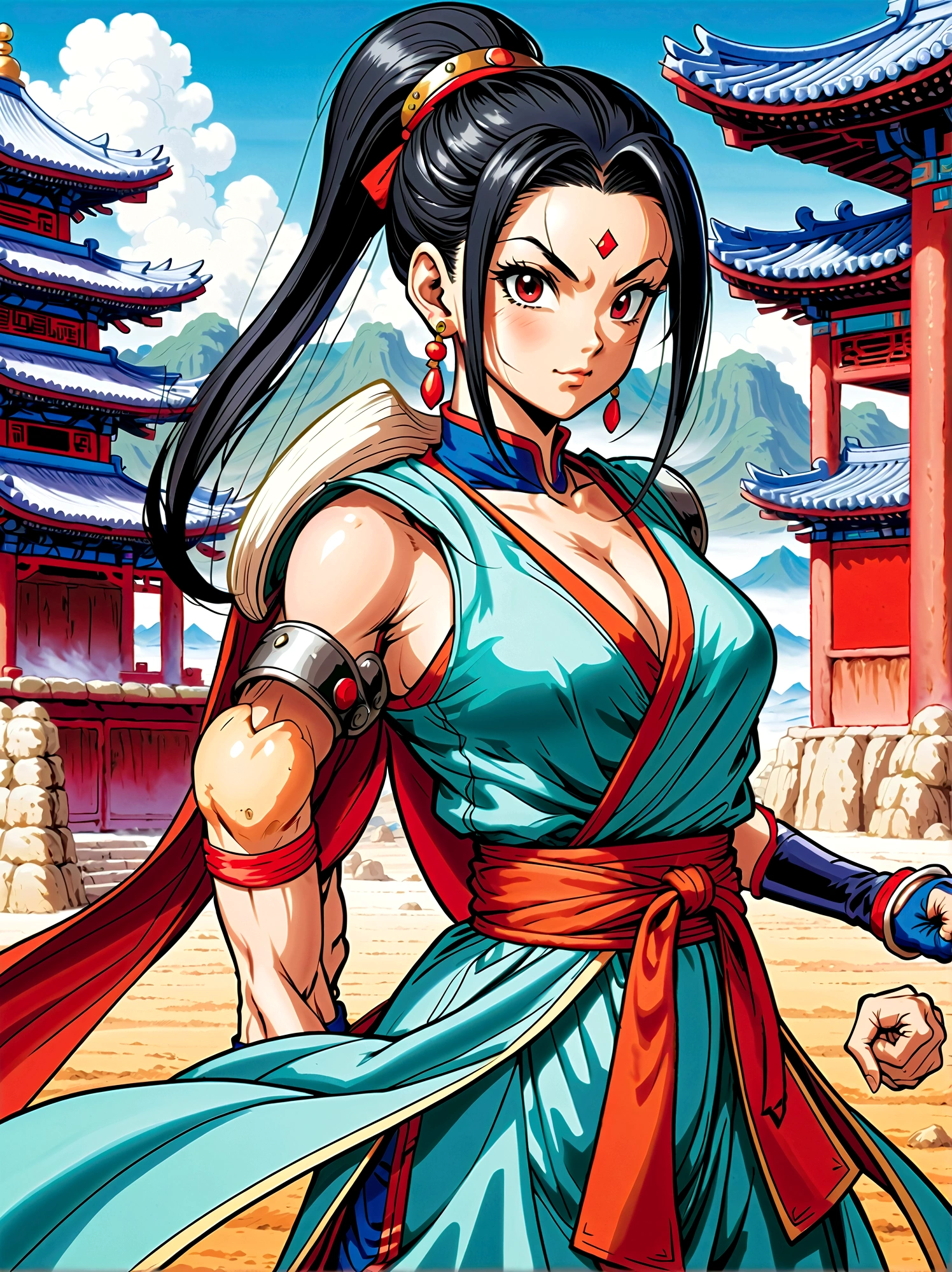 Dragon Ball, chi chi, black eyes, black hair, long hair, hime cut, blunt bangs, sidelocks, armor, bikini armor, cape, collarbone, gloves, helmet, navel, pauldrons, shoulder armor, cleavage, bare arms, blue dress, china dress, chinese clothes, dress, high collar, obi, pants, ponytail, red pants, red sash, red wristband, sash, side slit, sleeveless, sleeveless dress, wristband，Looking at the audience，Dynamic poses，fighting，Explosion，Explosion Background，Martial arts tournament background