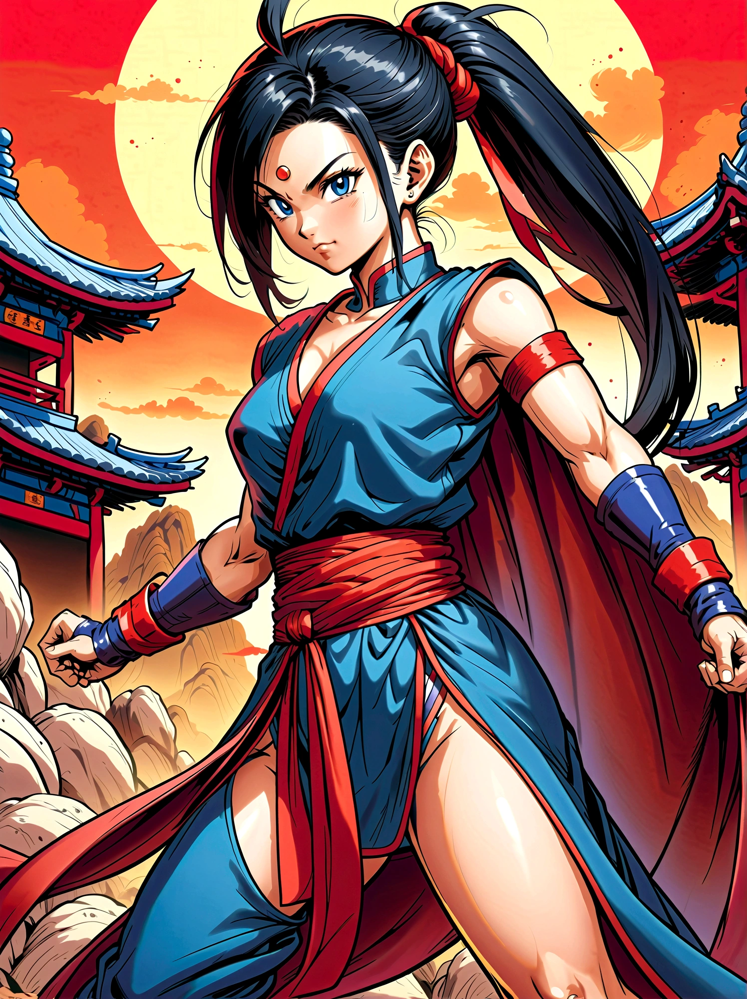 Dragon Ball, chi chi, black eyes, black hair, long hair, hime cut, blunt bangs, sidelocks, armor, bikini armor, cape, collarbone, gloves, helmet, navel, pauldrons, shoulder armor, cleavage, bare arms, blue dress, china dress, chinese clothes, dress, high collar, obi, pants, ponytail, red pants, red sash, red wristband, sash, side slit, sleeveless, sleeveless dress, wristband，Looking at the audience，Dynamic poses，fighting，Explosion，Explosion Background，Martial arts tournament background