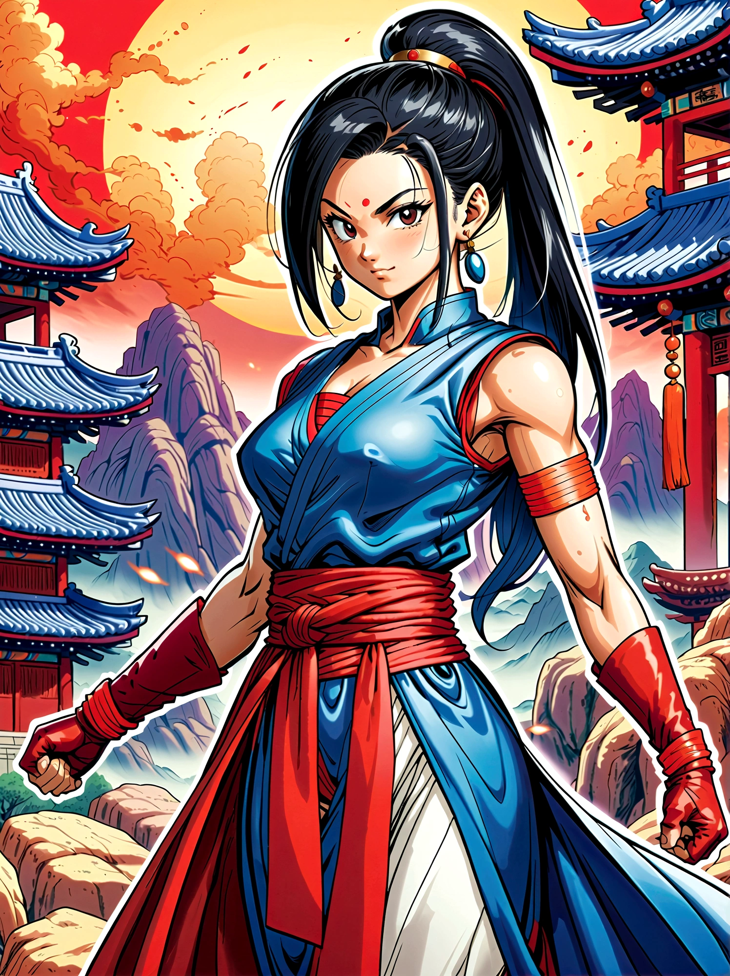 Dragon Ball, chi chi, black eyes, black hair, long hair, hime cut, blunt bangs, sidelocks, armor, bikini armor, cape, collarbone, gloves, helmet, navel, pauldrons, shoulder armor, cleavage, bare arms, blue dress, china dress, chinese clothes, dress, high collar, obi, pants, ponytail, red pants, red sash, red wristband, sash, side slit, sleeveless, sleeveless dress, wristband，Looking at the audience，Dynamic poses，fighting，Explosion，Explosion Background，Martial arts tournament background