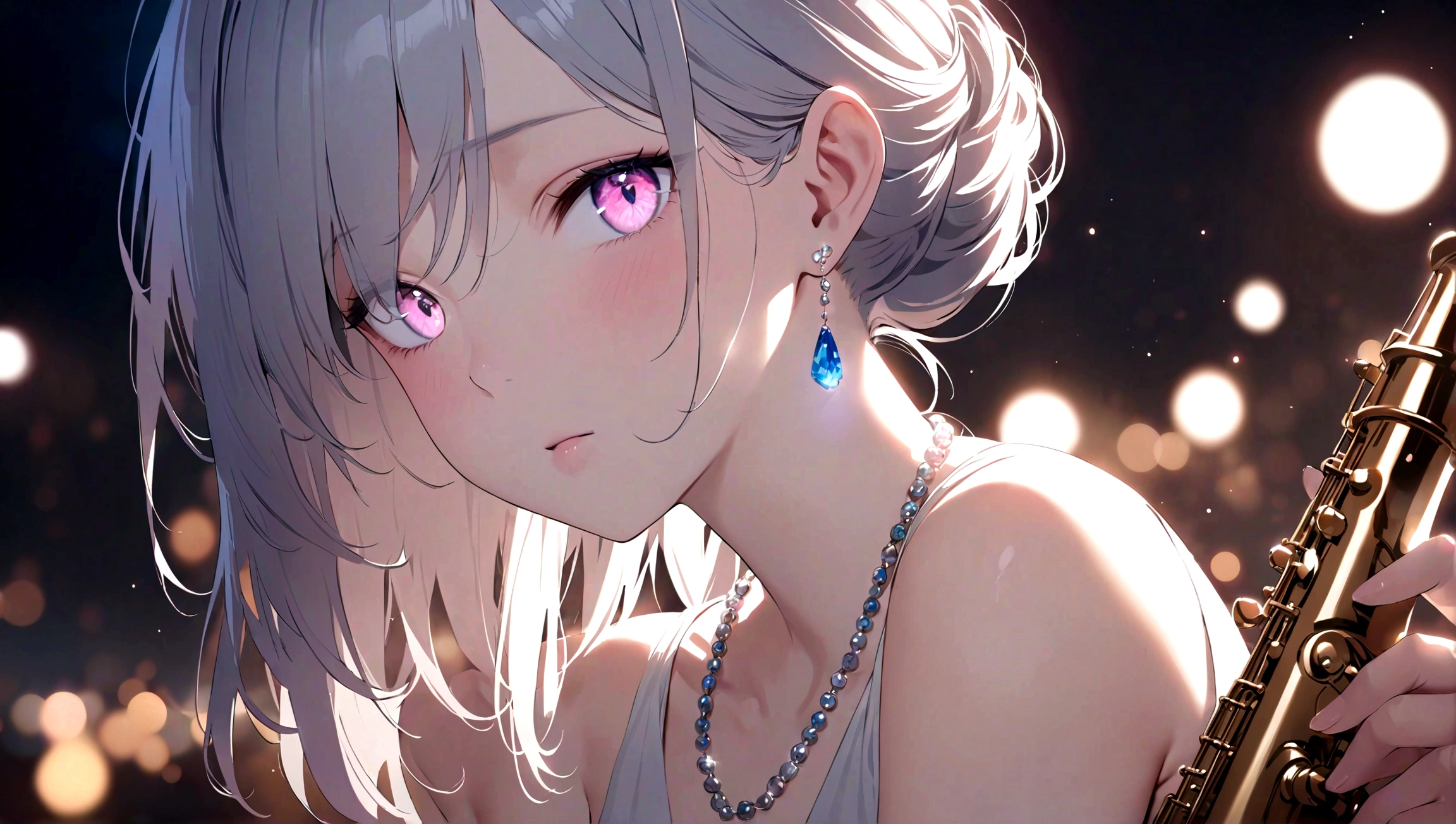 masterpiece, best quality, illustration, saxophone blue, platinum earrings, platinum necklace, white dress, 1 girl, Lovely, (Dynamic lighting:1.2), light, Exquisite facial features, delicate eyes, sharp pupils, realistic student, depth of field, Bokeh, sharp focus, (Super detailed, bloom, glow:1.4), many little gems