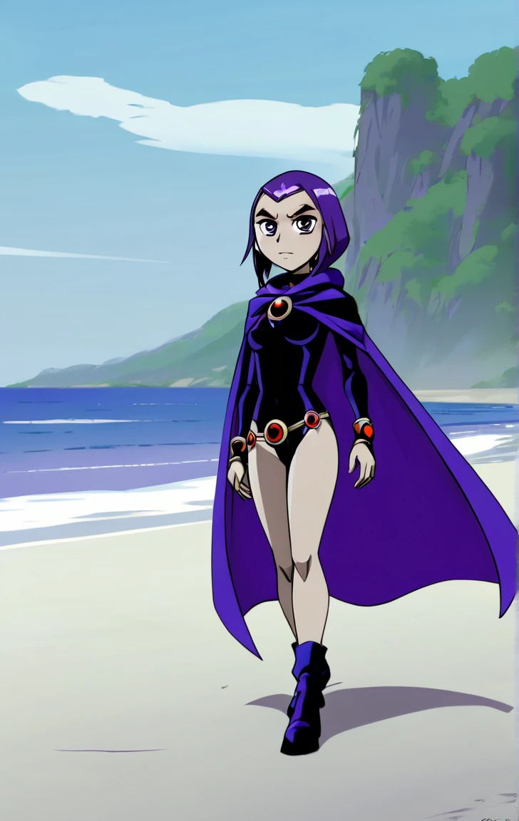 ohxw, rave12, walking on a beach, full body, cartoon, 2d, sharp, , cape and a purple cape