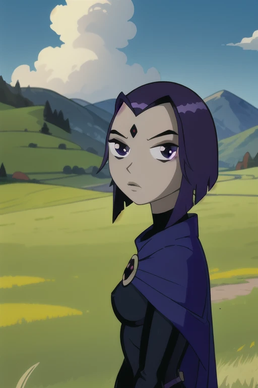 masterpiece, best quality, 1girl, rachelroth, purple hair, short hair, purple eyes, grey skin, cape,  forehead jewel, looking at viewer,  solo, blue sky, cloud, grass, meadow background 