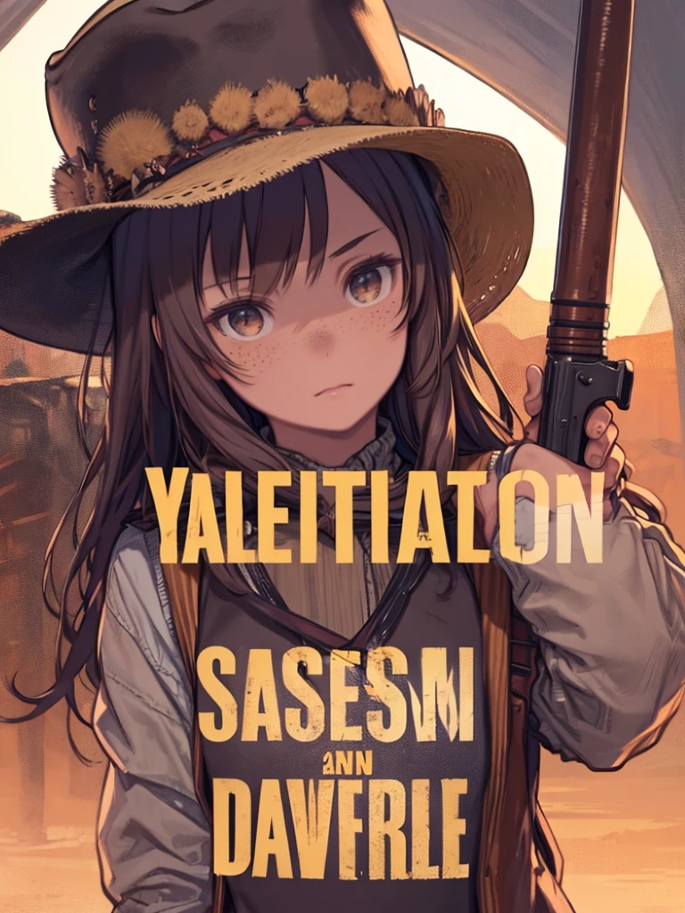 One girl、freckles、(highest quality,Super detailed,Realistic:1.37),Wild West Themes, the dusty desert, Beautiful sunset, Detailed Revolver, Brown fringe vest, Cowboy hat, boots, horse, Wide-brimmed hat, Flowing hair, A look of determination, Strong posture, Rugged landscape, Golden Hour Lighting, Strong gaze, Sniper Skills, Bounty Poster, Tumbleweed, Dynamic Action, Vibrant colors, adventure, danger, shortage々Beautiful