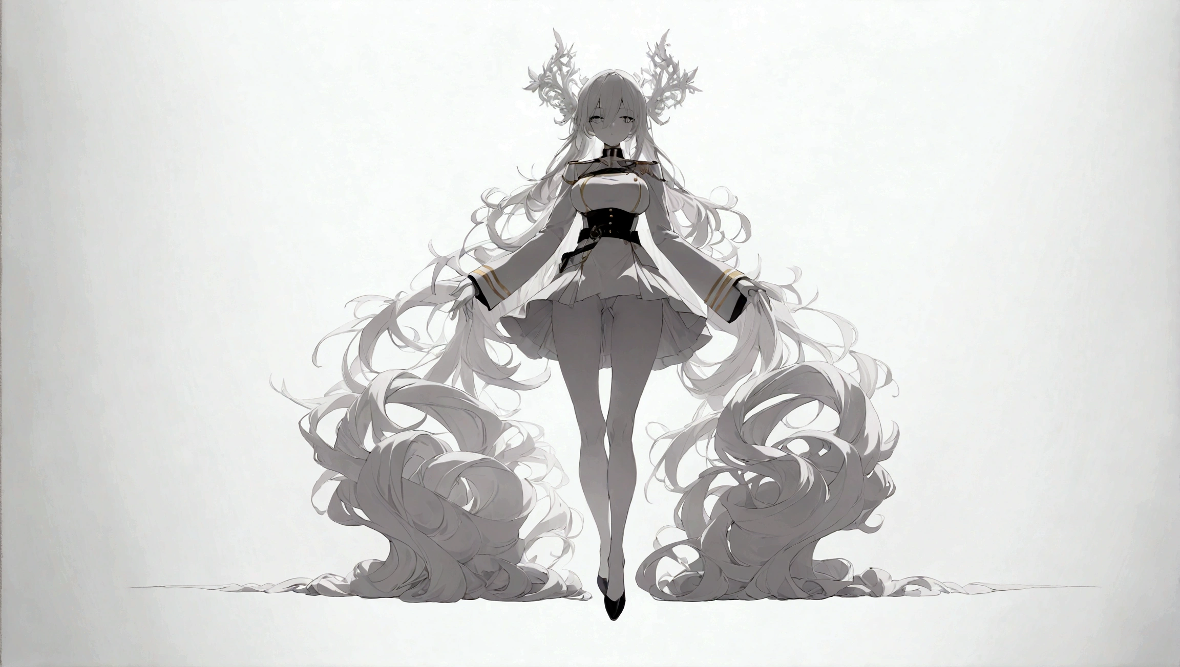 ((masterpiece)),(((best quality))),(character design sheet, same character, front, side, back), illustration, 1 girl, long white hair, hime cut, short flared black dress, intricate detailing, black blindfold, healer, monochrome, oc, adoptable character, bangs,, female, (simple background, white background: 1.3)