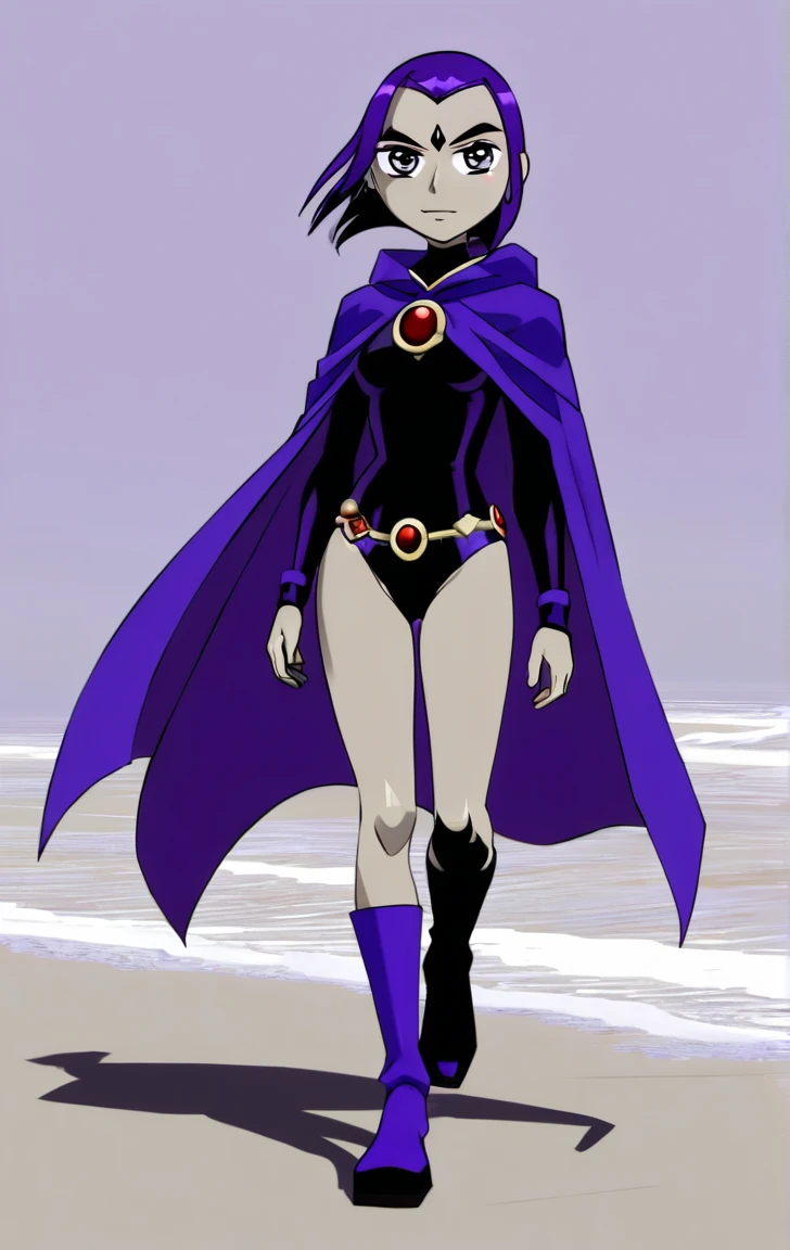ohxw, rave12, walking on a beach, full body, cartoon, 2d, sharp, , cape and a purple cape