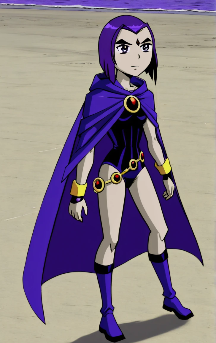 ohxw, rave12, walking on a beach, full body, cartoon, 2d, sharp, , cape and a purple cape