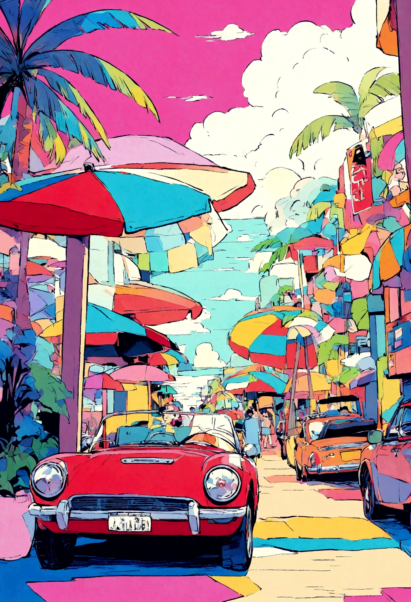 One red convertible is parked. No one is there. The background is a beach with palm trees. sky is clear. 80s japan city pop Memphis illustration, master piece, wide angle, parasol, colorful