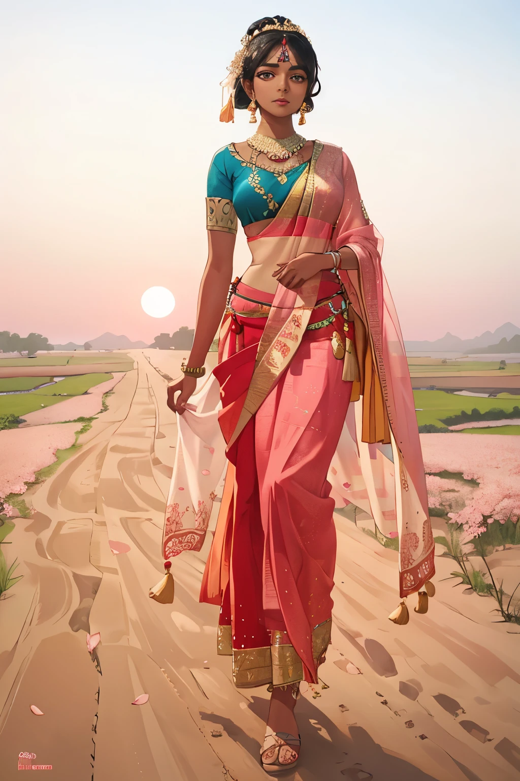 traditional Indian young woman, with dark skin and almond-shaped eyes, wearing a vibrant sari, adorned with intricate gold work and embroidery, long hair tied in a low bun, delicate flowers in hair, barefoot, walking along a dusty country road, foreground, sunset, rosy hues, serene, gazing towards sky, soft pink sky, cherry blossoms, solitary butterfly, sense of peace, wide-angle, high resolution, detailed, realistic, 8K, HDR, UHD, natural lighting, clean lines, atmospheric, clean background, dusty road, rural India, ultra-detailed, crisp focus, depth