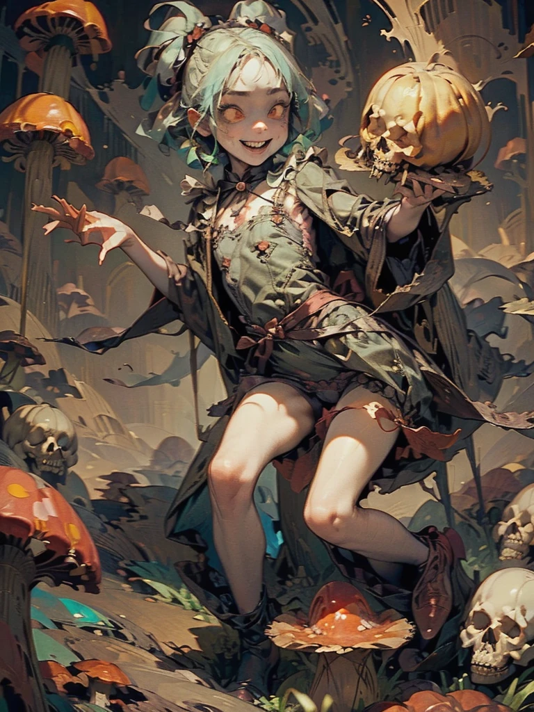 Gruesome and spooky details、Cute Smile、Mysterious atmosphere、Alice in Wonderland、Enthusiastic atmosphere、Mischievous Smile、Expressive gestures、Comical movement、Psychedelic Mushroom Background
