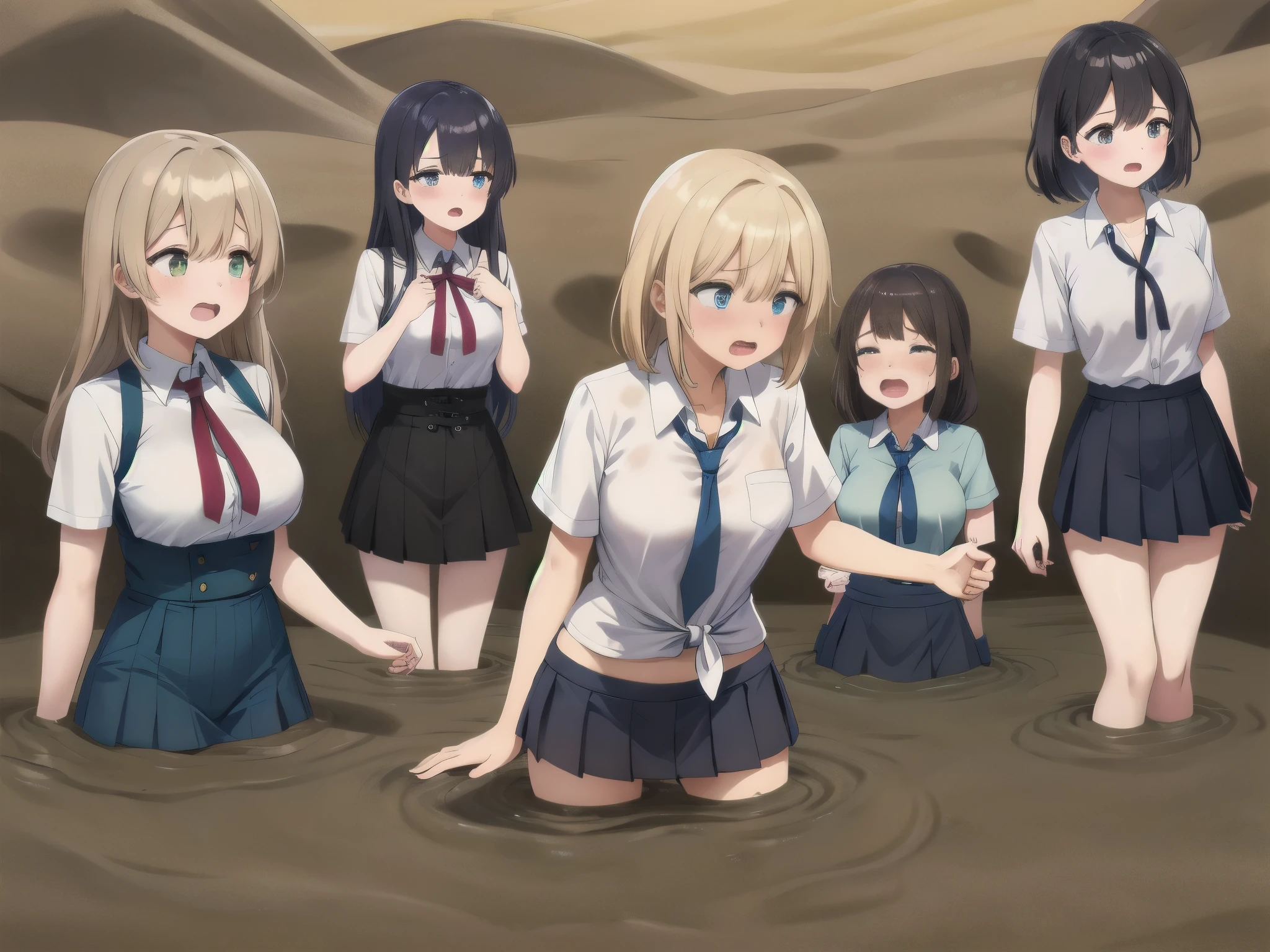 best quality, female, multiple girls, group tied up, group submerged, front view, muddy, large breasts, wasteland, desert, best quality, sinking, quicksand, 6girls, crowded, close up, sand, slender, 6 girls, tears, blush, drowning, waist deep, 6 girls in quicksand, top, desertscape, 6girls together, scream, struggling, 6 girls drowning, 6 girls wrapped by quicksand, aichan, klaudia valentz, school shirt, pleated miniskirt