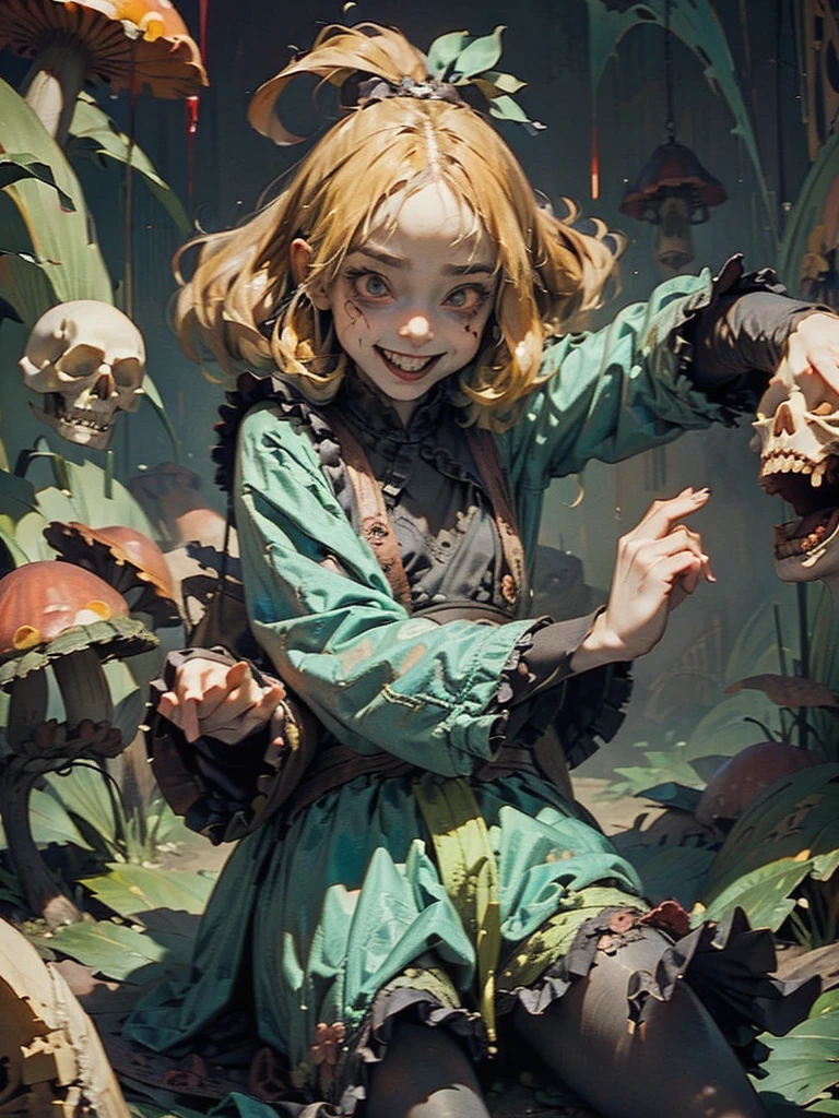 Gruesome and spooky details、Cute Smile、Mysterious atmosphere、Alice in Wonderland、Enthusiastic atmosphere、Mischievous Smile、Expressive gestures、Comical movement、Psychedelic Mushroom Background
