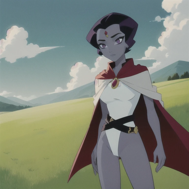 masterpiece, best quality, jeffmatsuda, 1girl, rachelroth, purple hair, short hair, purple eyes, (grey skin), (colored skin), forehead jewel, leotard, belt, cape, closed mouth, standing, solo, solo, blue sky, cloud, grass, meadow background