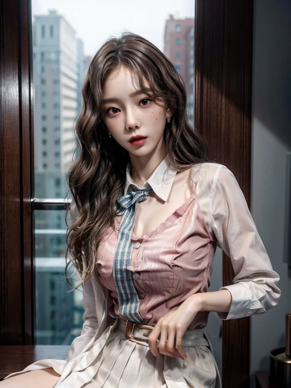 absurdres, RAW photo, extremely delicate and beautiful, masterpiece, Best Quality, ultra high resolution, 32k, hyperrealistic, ultra-detailed, perfect anatomy, perfect figure, Perfect skin, super Detailed skin, muted coral blush, Closed mouth, 20 years old, very Slim body, narrow waist, very small head, very small face, delicate facial features, tearful mole, earring, thin legs, bare legs, (((very huge round breasts))), short medium hair, brown braid hair, ((wavy hair)), wet white shirt, pleated skirt, ((collared dress shirt)), hotel at night,(1girl:1.5), (Anatomically correct),