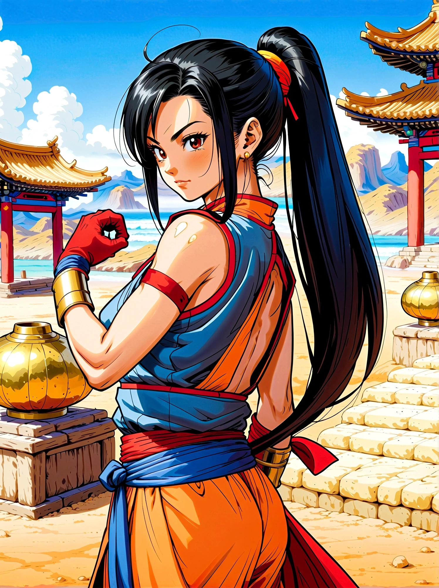 Dragon Ball, chi chi, black eyes, black hair, long hair, hime cut, blunt bangs, sidelocks, armor, bikini armor, cape, collarbone, gloves, helmet, navel, pauldrons, shoulder armor, cleavage, bare arms, blue dress, china dress, chinese clothes, dress, high collar, obi, pants, ponytail, red pants, red sash, red wristband, sash, side slit, sleeveless, sleeveless dress, wristband，Looking at the audience，Dynamic poses，fighting，Explosion，Explosion Background，Martial arts tournament background