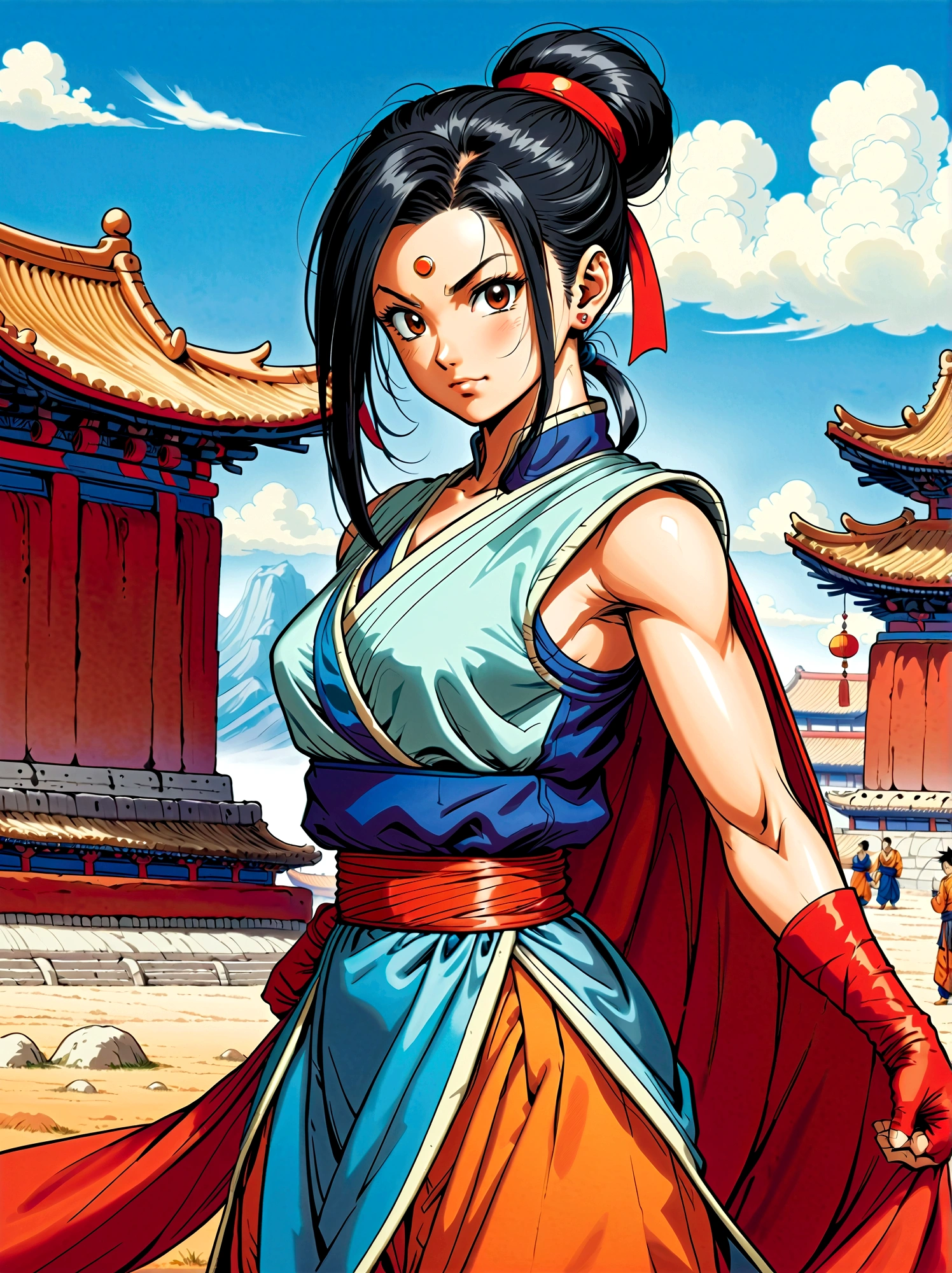 Dragon Ball, chi chi, black eyes, black hair, long hair, hime cut, blunt bangs, sidelocks, armor, bikini armor, cape, collarbone, gloves, helmet, navel, pauldrons, shoulder armor, cleavage, bare arms, blue dress, china dress, chinese clothes, dress, high collar, obi, pants, ponytail, red pants, red sash, red wristband, sash, side slit, sleeveless, sleeveless dress, wristband，Looking at the audience，Dynamic poses，fighting，Explosion，Explosion Background，Martial arts tournament background