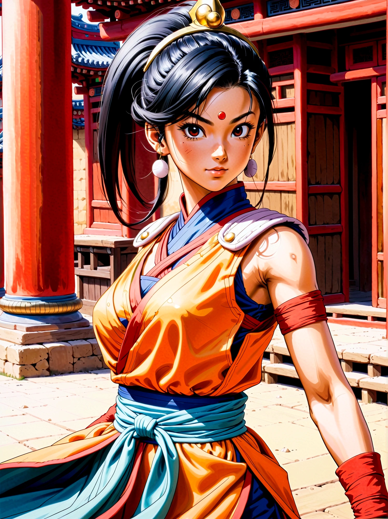 Dragon Ball, chi chi, black eyes, black hair, long hair, hime cut, blunt bangs, sidelocks, armor, bikini armor, cape, collarbone, gloves, helmet, navel, pauldrons, shoulder armor, cleavage, bare arms, blue dress, china dress, chinese clothes, dress, high collar, obi, pants, ponytail, red pants, red sash, red wristband, sash, side slit, sleeveless, sleeveless dress, wristband，Looking at the audience，Dynamic poses，fighting，Explosion，Explosion Background，Martial arts tournament background