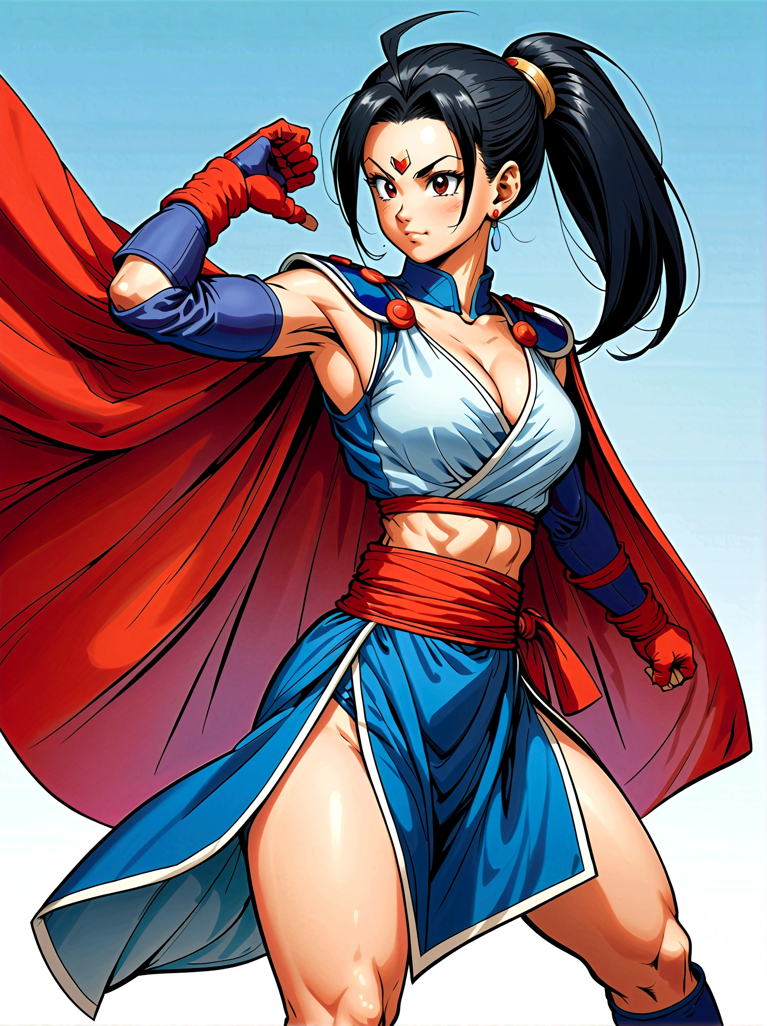 Dragon Ball, chi chi, black eyes, black hair, long hair, hime cut, blunt bangs, sidelocks, armor, bikini armor, cape, collarbone, gloves, helmet, navel, pauldrons, shoulder armor, cleavage, bare arms, blue dress, china dress, chinese clothes, dress, high collar, obi, pants, ponytail, red pants, red sash, red wristband, sash, side slit, sleeveless, sleeveless dress, wristband，Looking at the audience，Dynamic poses，fighting，Explosion，Explosion Background，Martial arts tournament background