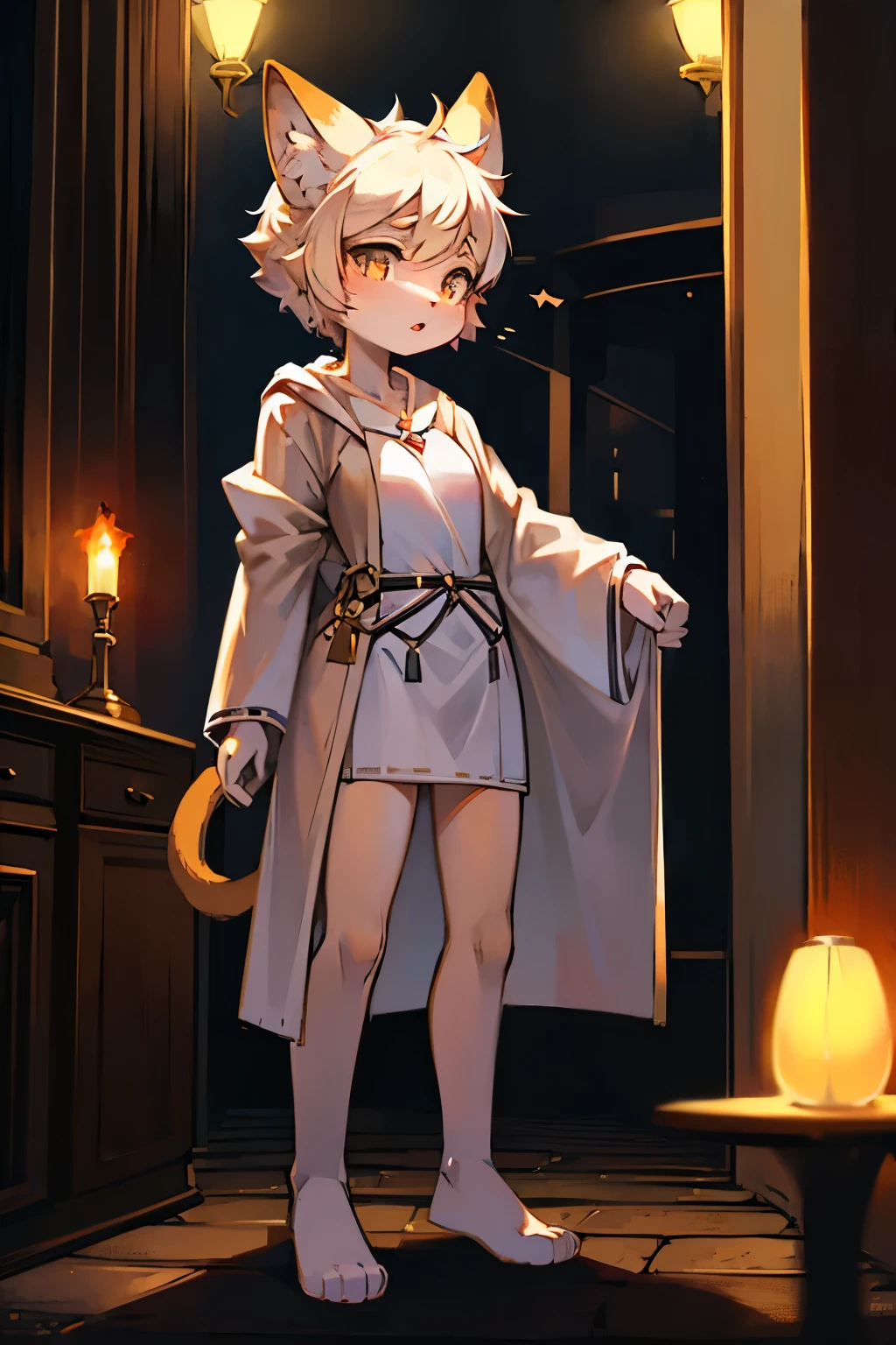 Siamese cat girl,Cat ear,Furry women,Characteristics of three-year-old girls,Short stature,Bright Eyes,Magician,White robe,Standing,
