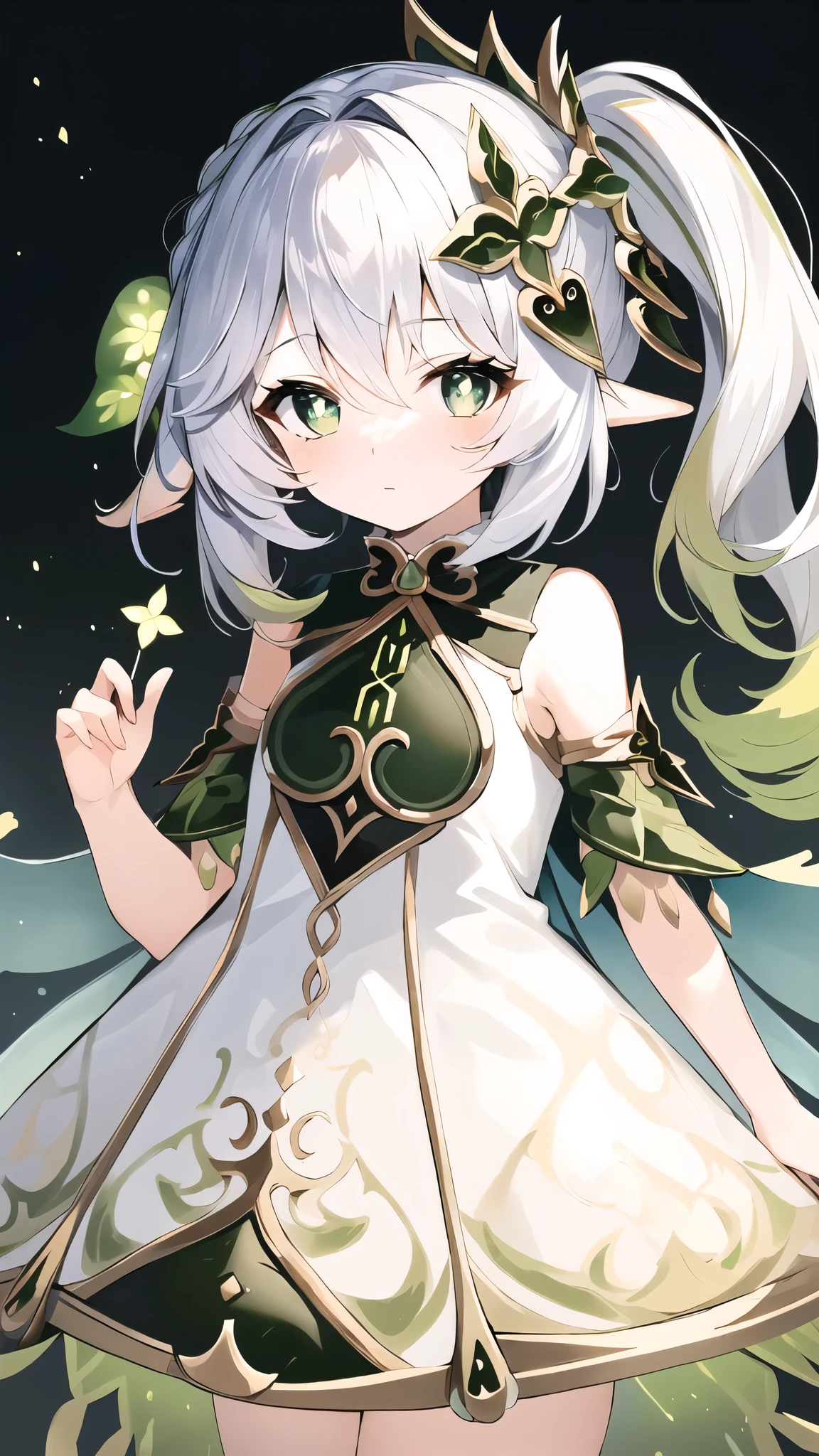 (masterpiece, best quality:1.2),insanely detailed,absurdres,ultra-highres,ultra-detailed,best quality, slender,kawaii,perfect symmetrical face,ultra cute girl,ultra cute face,ultra detailed eyes,ultra cute,ultra beautifu, nahida \(genshin impact\),1girl,solo,loli,white dress,bare shoulders,side ponytail,hair ornament,jewelry,bracelet,detached sleeves,sleeveless dress,bloomers,bare legs,toeless legwear,short socks, +_+,symbol-shaped pupils,