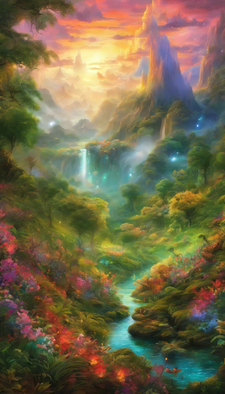 a beautiful detailed fantasy landscape, rolling hills, lush green meadows, towering mountains, a serene lake, a mystical forest, glowing fireflies, a starry night sky, ethereal lighting, flowing celestials, whimsical and magical atmosphere, highly detailed, vibrant colors, cinematic composition, masterpiece, best quality, 8k, ultra-detailed, photorealistic, dramatic lighting, volumetric fog, lush vegetation, epic scale, fantasy art, digital painting