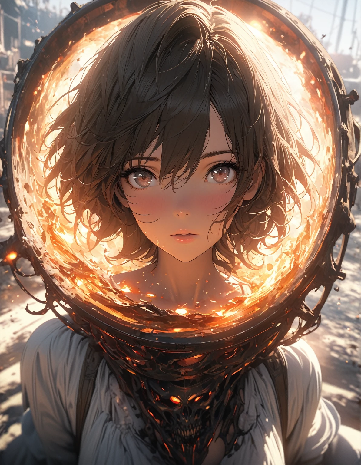 Beautiful Commoners、Perfect Face、Loose depiction、Eyes are hollow focus、Open your hands、Looking up at the sky，close，Rim Light，Transparent special effects，Full body portrait，OC Renderer，Octane Renderer，Pure White Background， High detail, 4K, masterpiece.