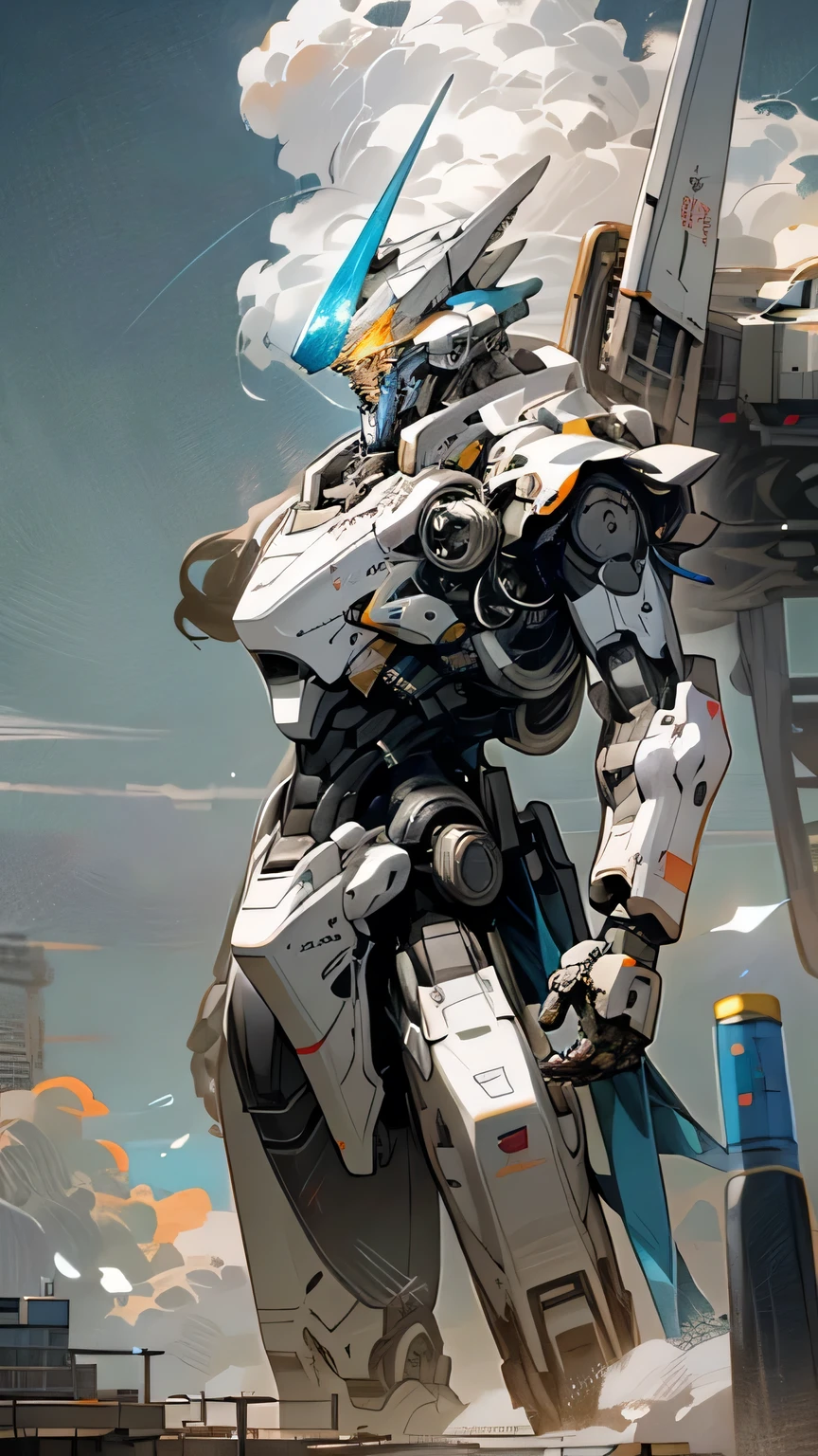 Skysky, rendered in a vibrant expanse of clouds,
Holds a weapon, its source of light glowing brightly,
Absent of any human presence, standing majestically,
Dressed in white, its colors contrasting vividly against the backdrop,
A droid, its body a marvel of scientific fiction,
Its eyes emitting a soft, yet mesmerizing glow,
A mecha, positioned atop a towering, brightly colored building,
Cityscape visible in the distance, realistically detailed,
In 8K resolution, every detail meticulously crafted.