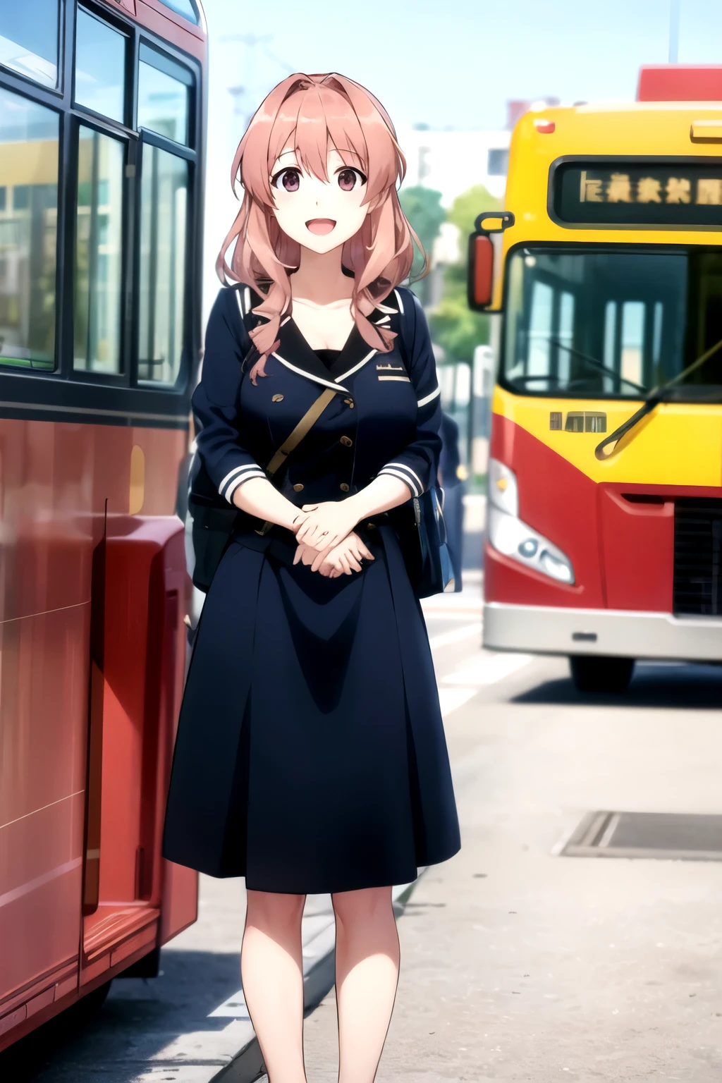 best quality, masterpiece, highly detailed,
 koumi haruka rw,Bus guide is open mouth, smile,
Black eyes, black hair, Hair tied up, large breasts、Navy blue uniform、carf、
standing, own hands together, Tourist bus background、Welcome guests、