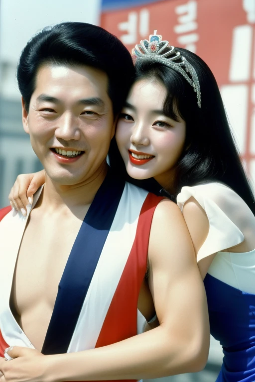 Seoul, 1982, (((1 korean young girl and 1 old korean man facing each other))), {A young korean beautiful girl, 22-year-old, sexy girl, strikingly beautiful, black hair, big breasts, delicate facial features, porcelain skin, red lips, expressive eyes, ((awe and joy expression)), a prizewinner in a beauty contest, miss korea, (Miss Korea blue one-piece Swimsuit), winner crown, the sash, and the crown, ((hairstyle of the 1980s)),(pin up style)}, (((60 years old korean man wearing business suit))), (((60 years old korean man hugging on korean young girl's chest))), (focus on old man),