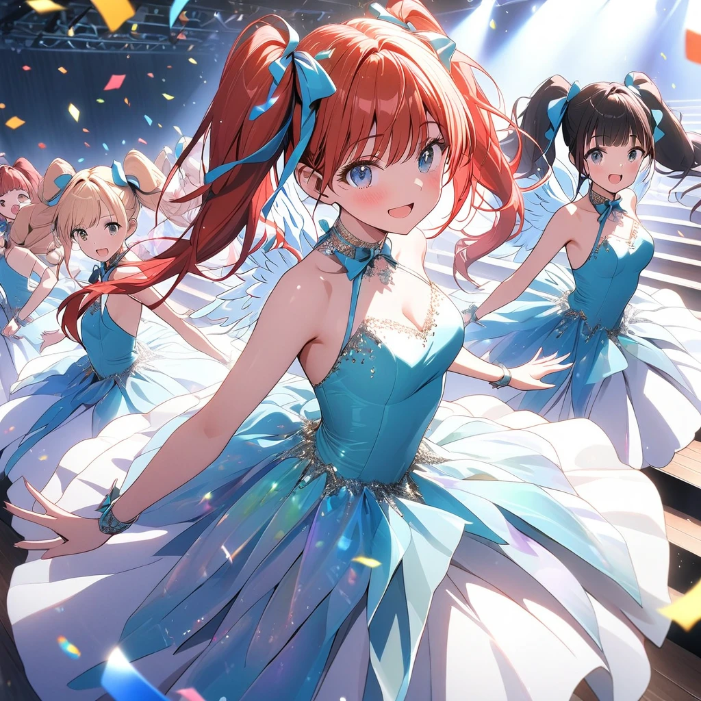 five girls with red hair and twin tails 、Dancing in a theater from the Taisho era,(Like Takarazuka Revue with large wings on the back In a glittering costume on the stage stairs Dancing in a dynamic pose1.5),Five girls' colorful costumes,Dancing in a row,lots of confetti,bird's eye view, Masterpiece, Best Quality,8k ultra detail