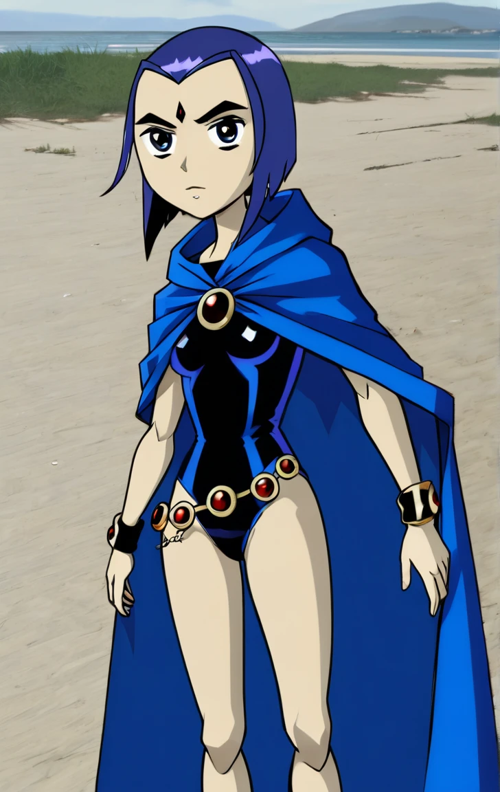 ohxw, rave12, walking on a beach, full body, cartoon, 2d, sharp, , cape and a blue cape