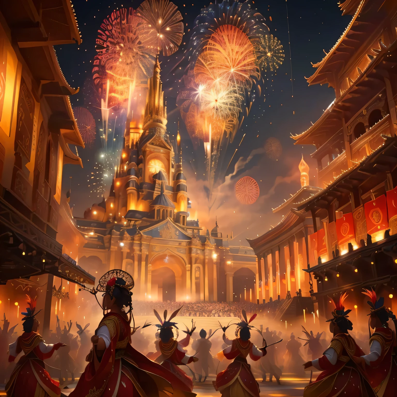 A group of people dancing around the stage，(An exquisite stage) ，(masterpiece) ，(best quality) ，High Detail，Ultra Detail，People celebrate the grand festival in ancient costumes，fireworks，Feeling，