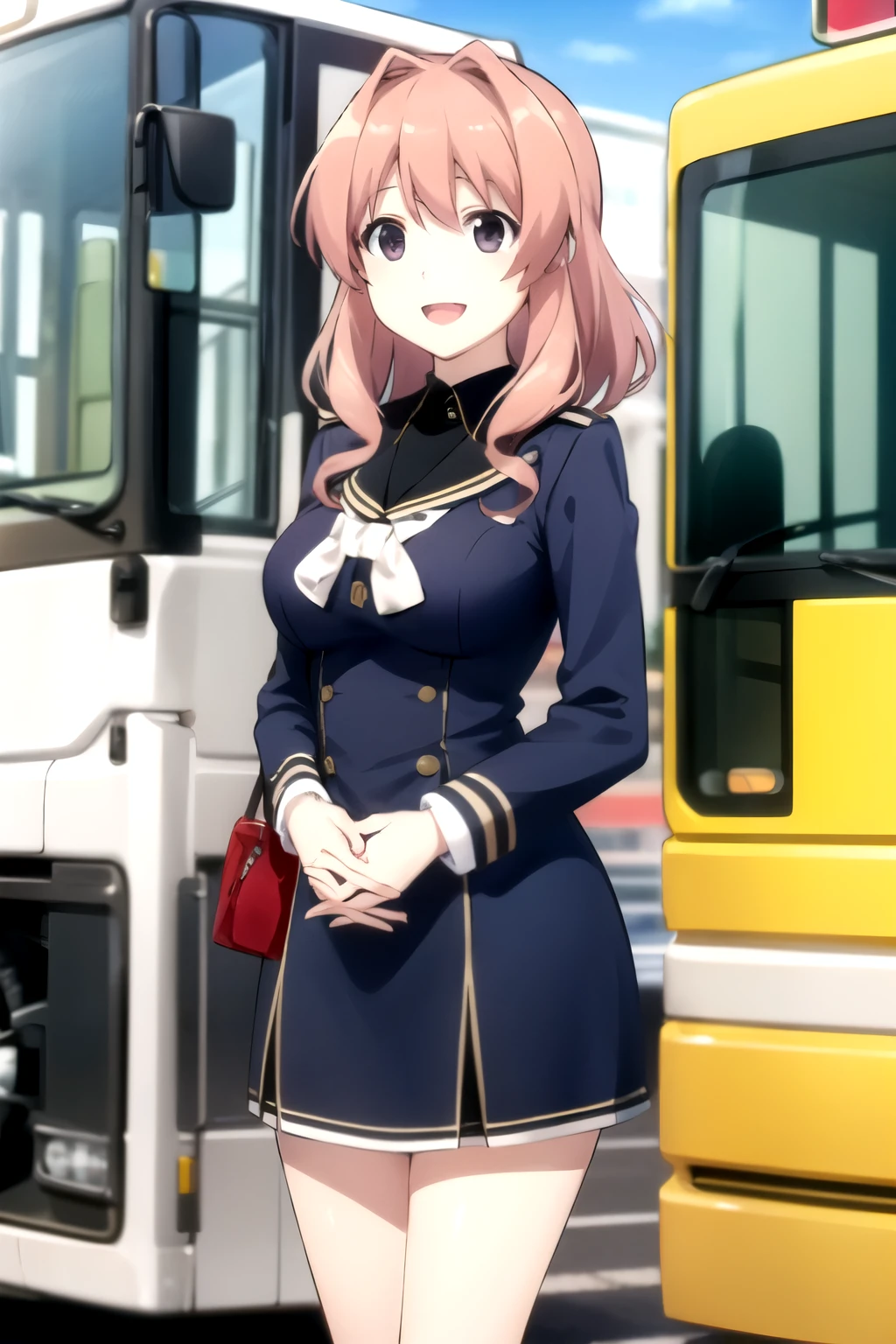 best quality, masterpiece, highly detailed,
 koumi haruka rw,Bus guide is open mouth, smile,
Black eyes, black hair, Hair tied up, large breasts、Navy blue uniform、carf、
standing, own hands together, Tourist bus background、Welcome guests、