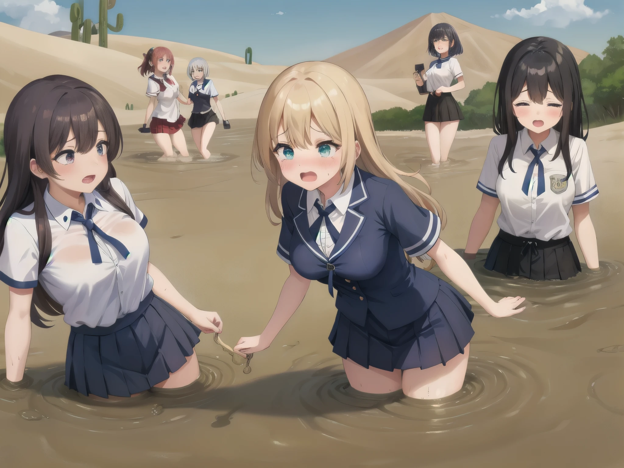 best quality, female, multiple girls, group tied up, group submerged, front view, muddy,  large breasts, wasteland, desert, best quality, sinking, quicksand, 6girls, crowded, close up, sand, slender, 6 girls, tears, blush, drowning, waist deep, 6 girls in quicksand, top, desertscape, 6girls together, scream, struggling, 6 girls drowning, 6 girls wrapped by quicksand, aichan, klaudia valentz, school shirt, pleated miniskirt