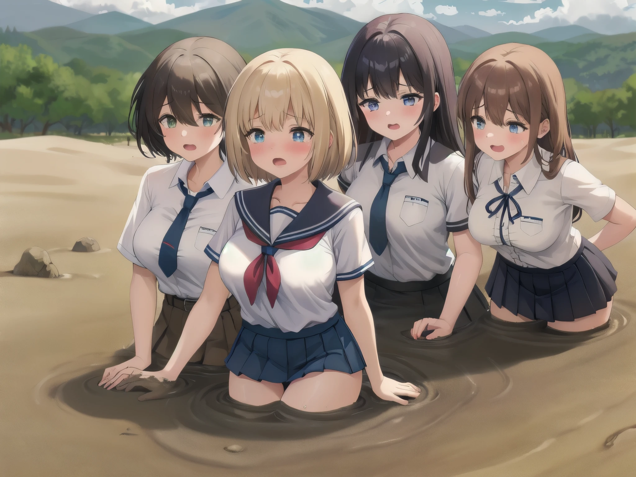 best quality, female, multiple girls, group tied up, group submerged, front view, muddy,  large breasts, wasteland, desert, best quality, sinking, quicksand, 6girls, crowded, close up, sand, slender, 6 girls, tears, blush, drowning, waist deep, 6 girls in quicksand, top, desertscape, 6girls together, scream, struggling, 6 girls drowning, 6 girls wrapped by quicksand, aichan, klaudia valentz, school shirt, pleated miniskirt