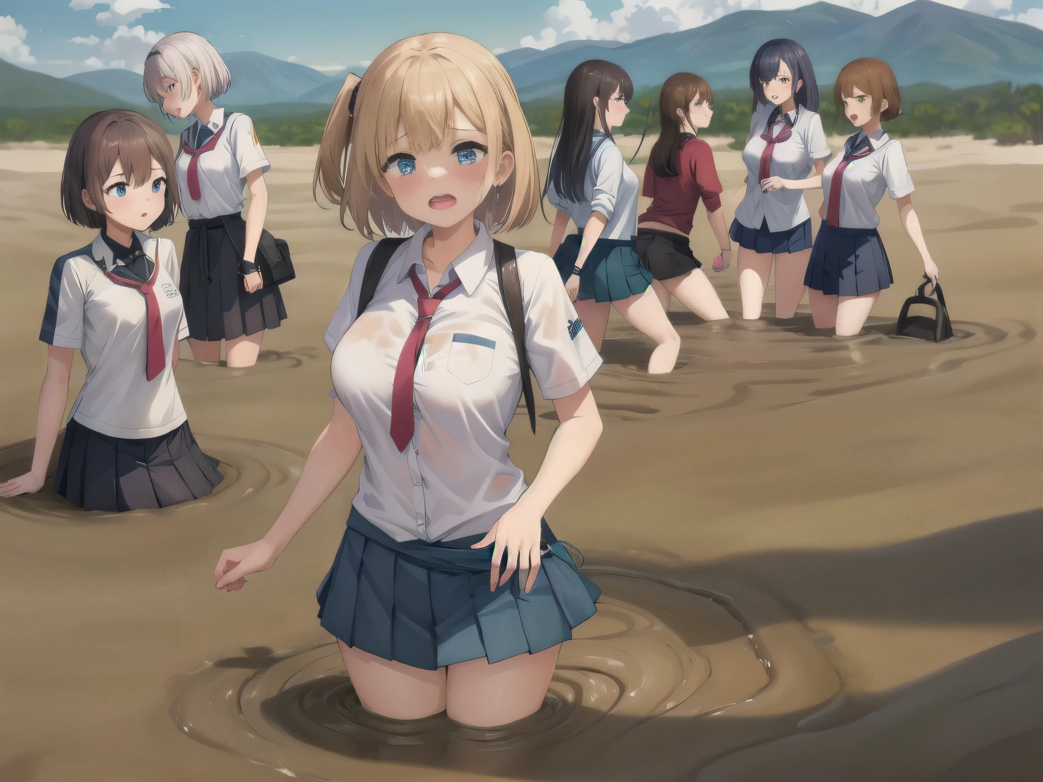 best quality, female, multiple girls, group tied up, group submerged, front view, muddy,  large breasts, wasteland, desert, best quality, sinking, quicksand, 6girls, crowded, close up, sand, slender, 6 girls, tears, blush, drowning, waist deep, 6 girls in quicksand, top, desertscape, 6girls together, scream, struggling, 6 girls drowning, 6 girls wrapped by quicksand, aichan, klaudia valentz, school shirt, pleated miniskirt