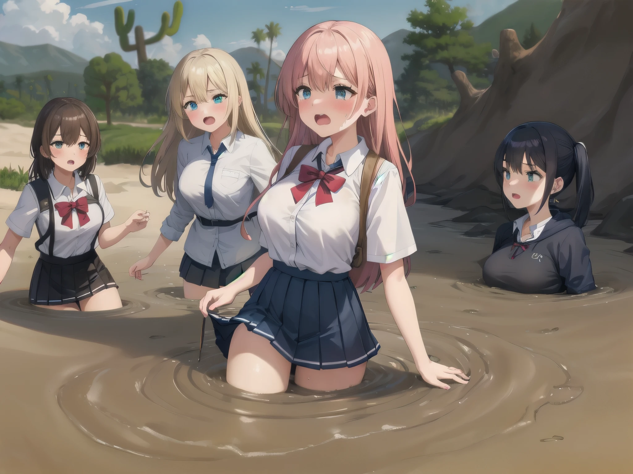 best quality, female, multiple girls, group tied up, group submerged, front view, muddy,  large breasts, wasteland, desert, best quality, sinking, quicksand, 6girls, crowded, close up, sand, slender, 6 girls, tears, blush, drowning, waist deep, 6 girls in quicksand, top, desertscape, 6girls together, scream, struggling, 6 girls drowning, 6 girls wrapped by quicksand, aichan, klaudia valentz, school shirt, pleated miniskirt