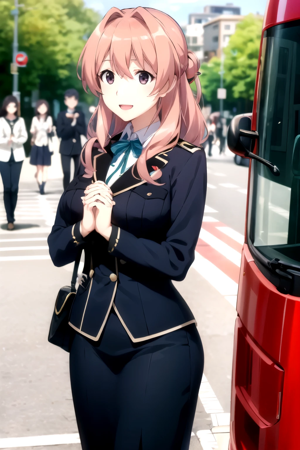 best quality, masterpiece, highly detailed,
 koumi haruka rw,Bus guide is open mouth, smile,
Black eyes, black hair, Hair tied up, large breasts、Navy blue uniform、carf、
standing, own hands together, Tourist bus background、Welcome guests、