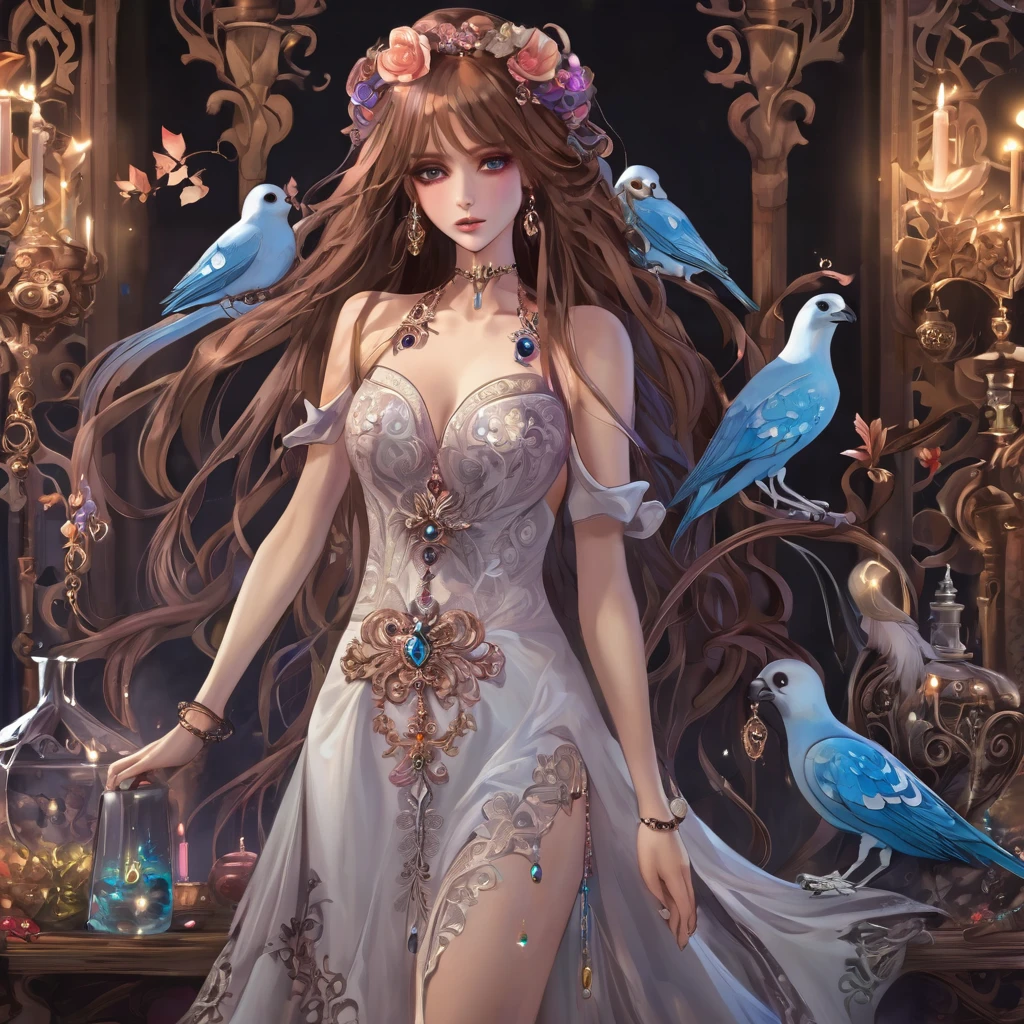 topless girl, long bloody hair, seductive eyes, mysterious expression, mature appearance, charming dress, flowing short dress, elegant jewelry, intricate decoration, magic symbols, glowing accessories, potions, scrolls, cute accents, bows, ribbons, flowers, birds, skeleton