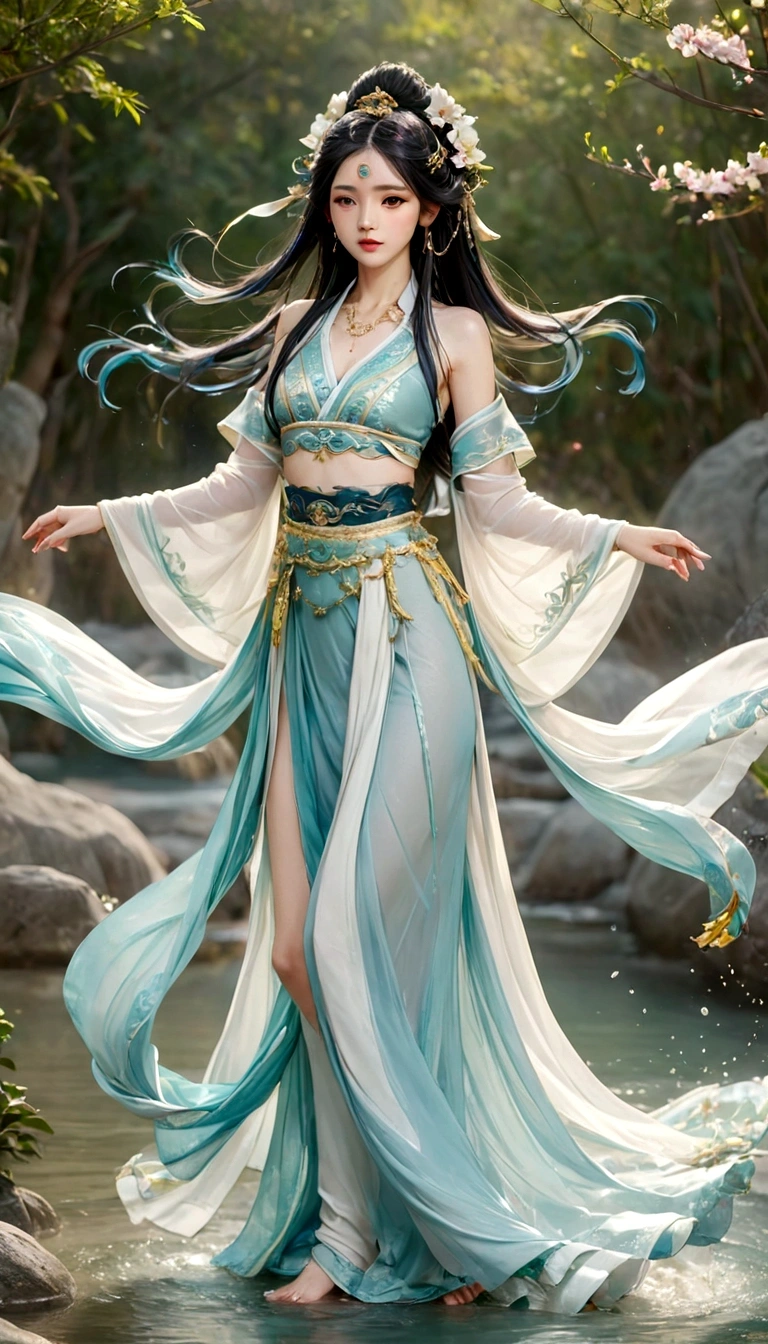 (full body photography)(((masterpiece))), Best quality, Illustration, Beautiful details, the goddess of water dancing gracefully in the water dressed in a goddess-worthy clothing with matching headdress and jewelry. turquoise-green water, waves beat high whipped up into beautiful shapes that flow , asian beauty, delicate face , extremely long black-indigo hair with headdress in hanfu style with flowers, mythologie, shinto, hanfu, komplette figur im bild, nachtszene, vollmond,