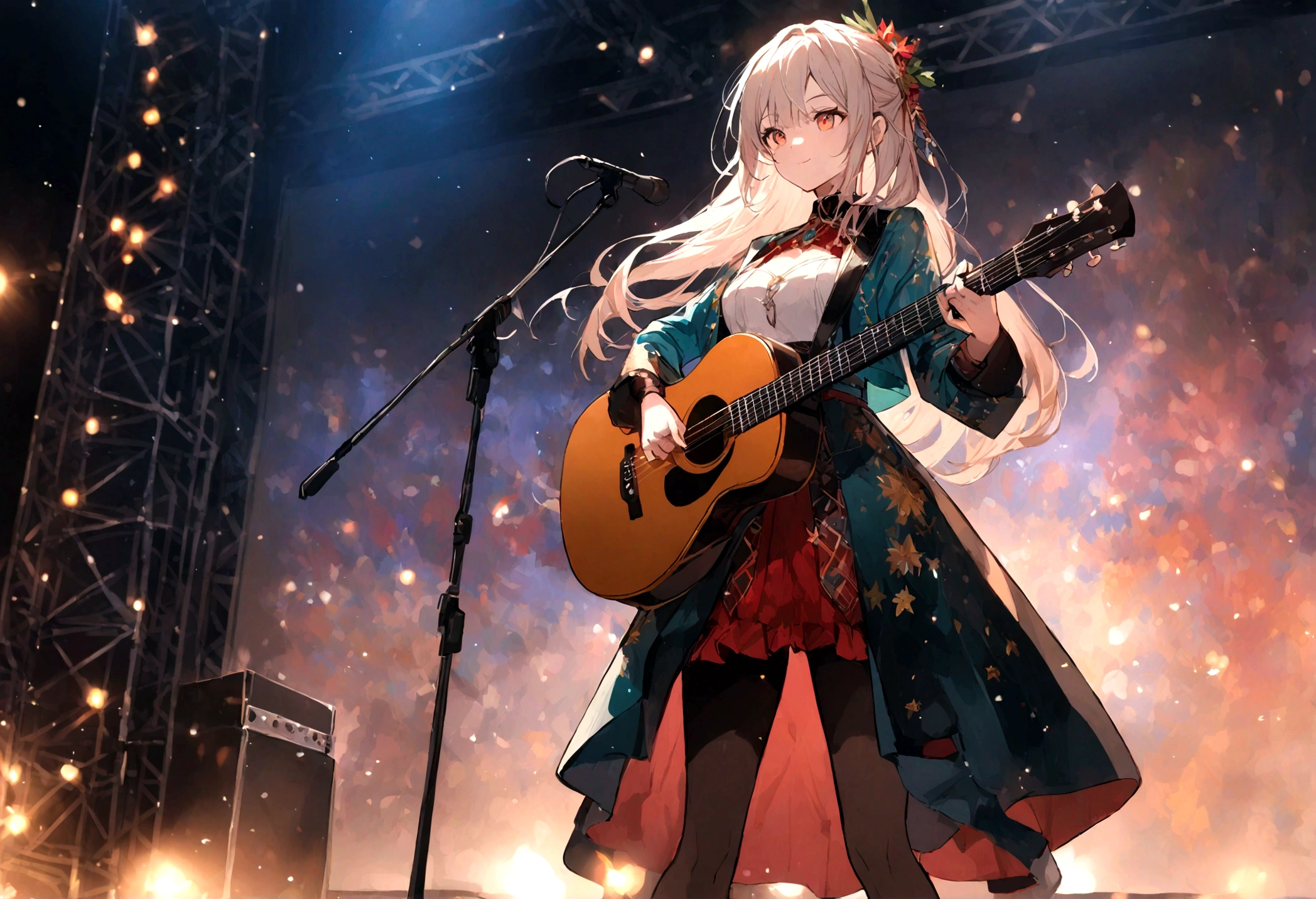 Girl holding a folk guitar、On stage