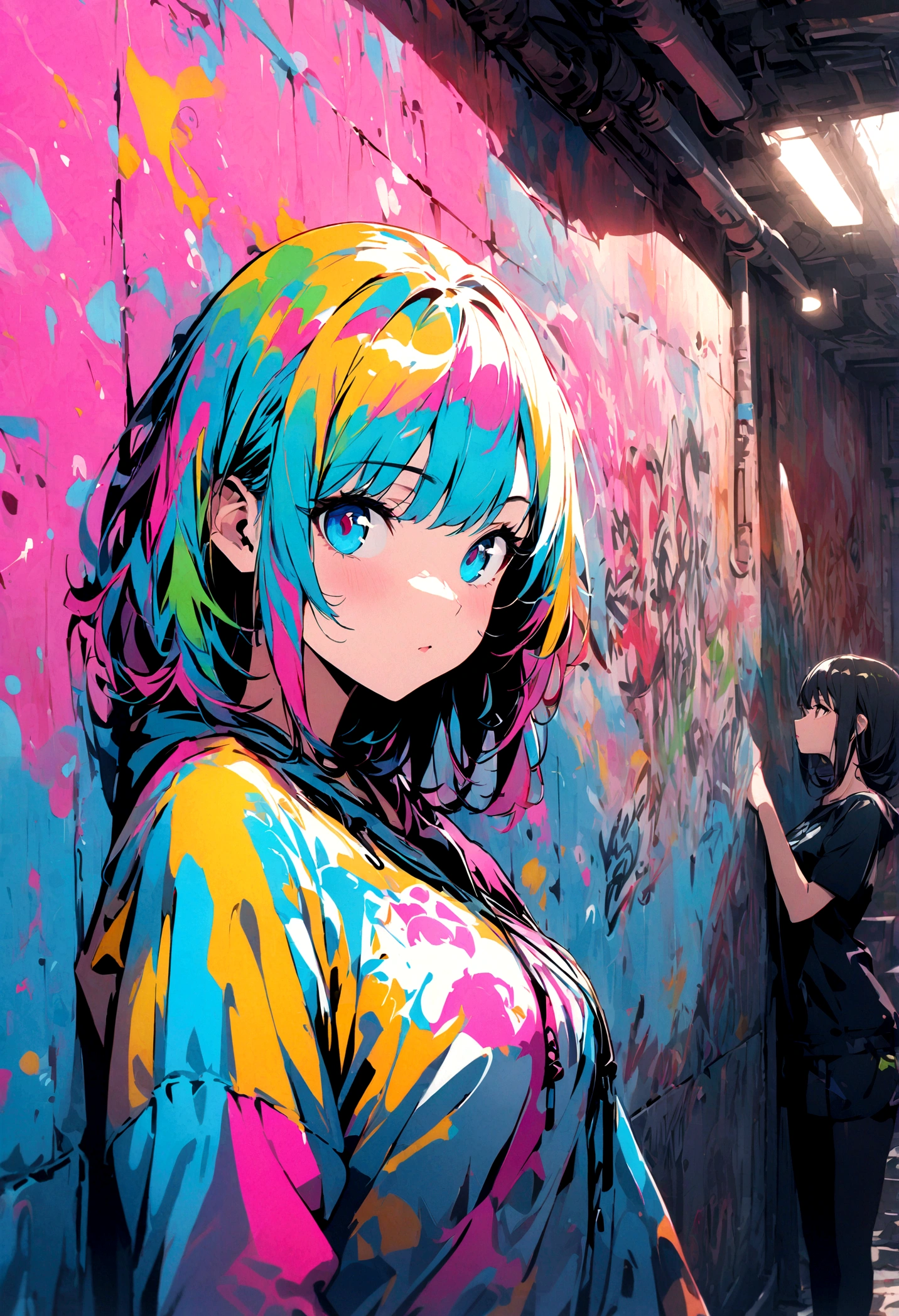 (best quality), masterpiece, 极其细致的 CG  8K 插painting, High Color, extremely High Color saturation, All colors are deepened, painting, graffiti art, Central Composition, Extremely detailed lighting, Graffiti墙, wall paintinged bright, Graffiti ,1 girl looking at the wall, The face and eyes are very detailed, Medium Length Hair, Sportswear, Colored clouds