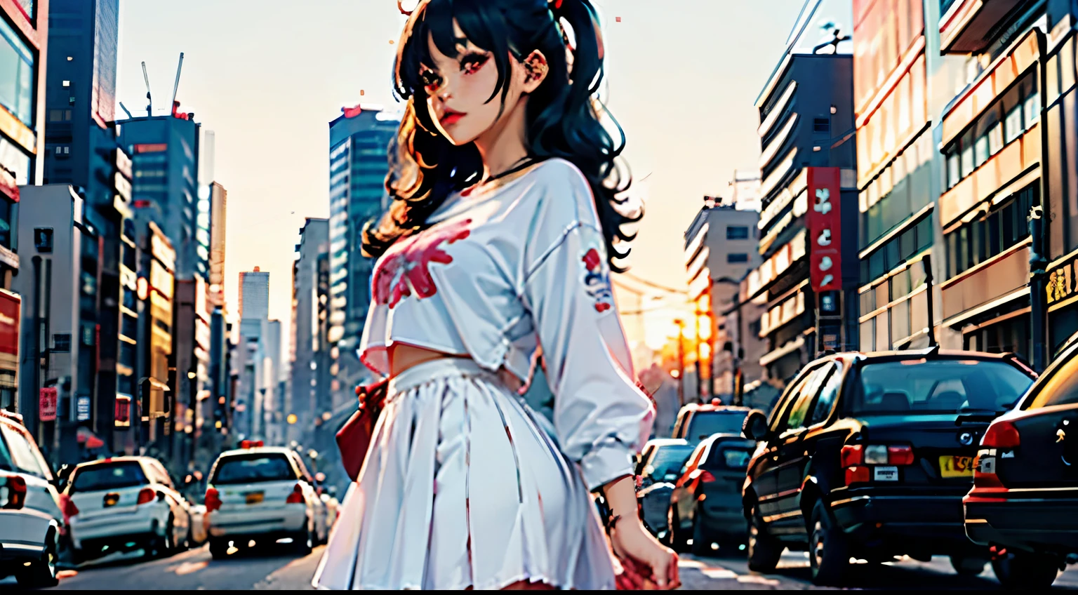 Chica anime sentada en el auto con la mano en la barbilla, anime images of cute girls., Seductive chica anime, encantadoras chicas anime, estilo anime, Estilo de arte anime de alta calidad., hermosa chica anime, ((junkotvv pelo negro, flequillo, orejas de gato, ojos rojos)), joven chica anime, chica anime, chica anime with Long Hair, top corto ajustado, pecho grande, The background is the city of Tokyo in the 80s., una chica anime, linda chica anime