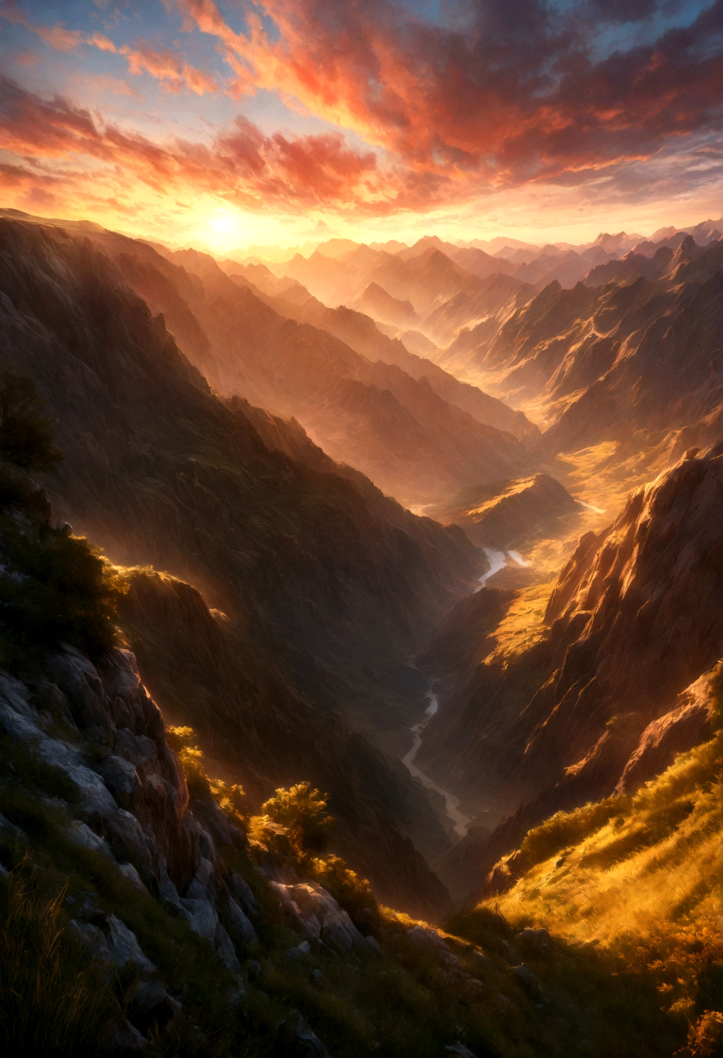 a romantic mountain landscape, a couple embracing on a cliff overlooking a breathtaking valley, sunset sky, dramatic lighting, vibrant colors, detailed foreground, intricate background, photorealistic, award-winning digital art, highly detailed, 8k, HDR, cinematic, masterpiece format 16:9